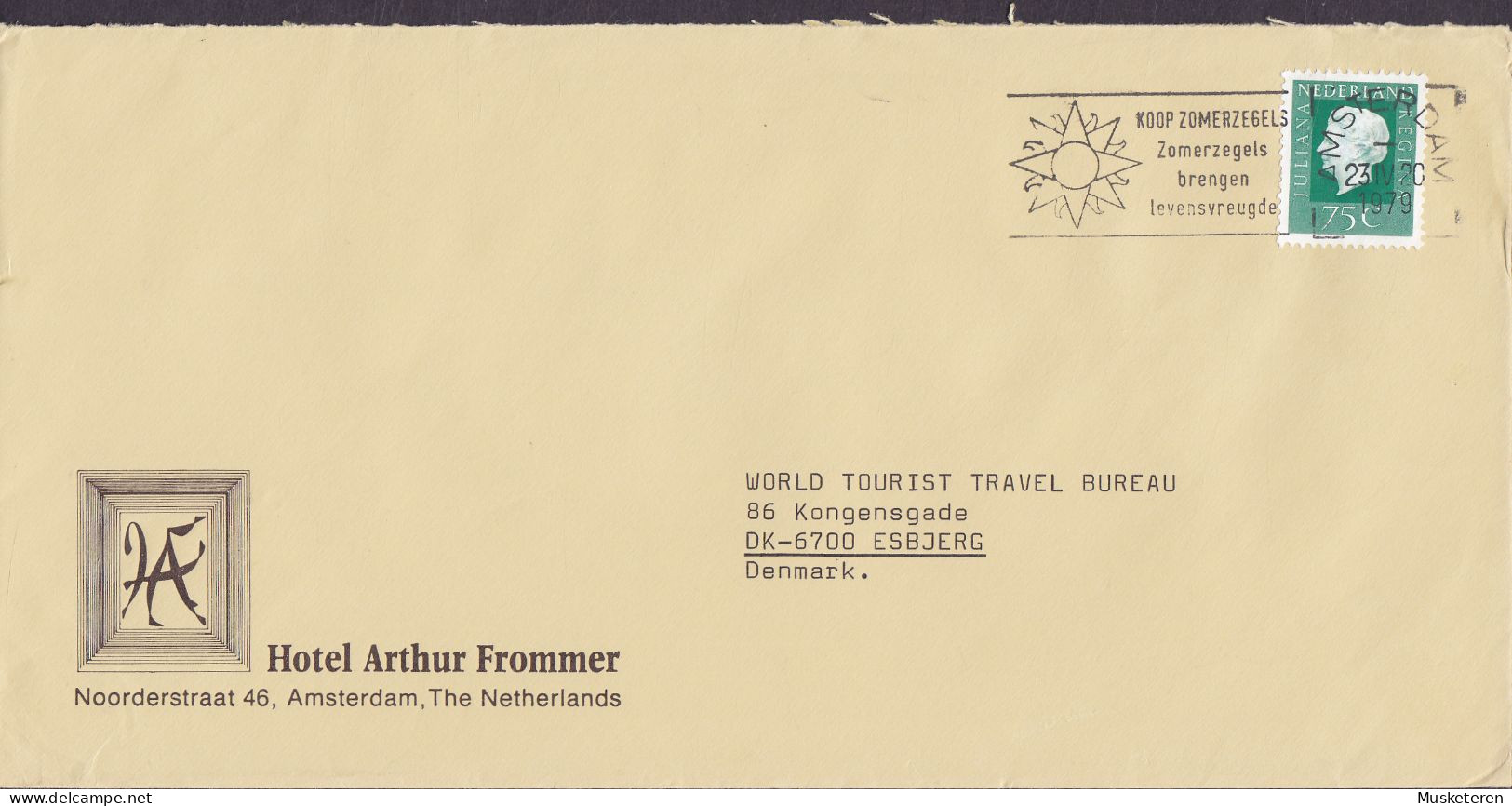 Netherlands HOTEL ARTHUR FROMMER Slogan Flamme 'Koop Zomerzegels' AMSTERDAM 1979 Cover Brief ESBJERG Denmark Juliana - Cartas & Documentos