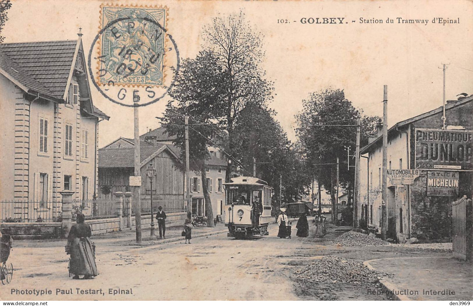 GOLBEY (Vosges) - Station Du Tramway D'Epinal - Publicités Pneus Dunlop, Michelin - Voyagé 1907 (2 Scans) - Golbey