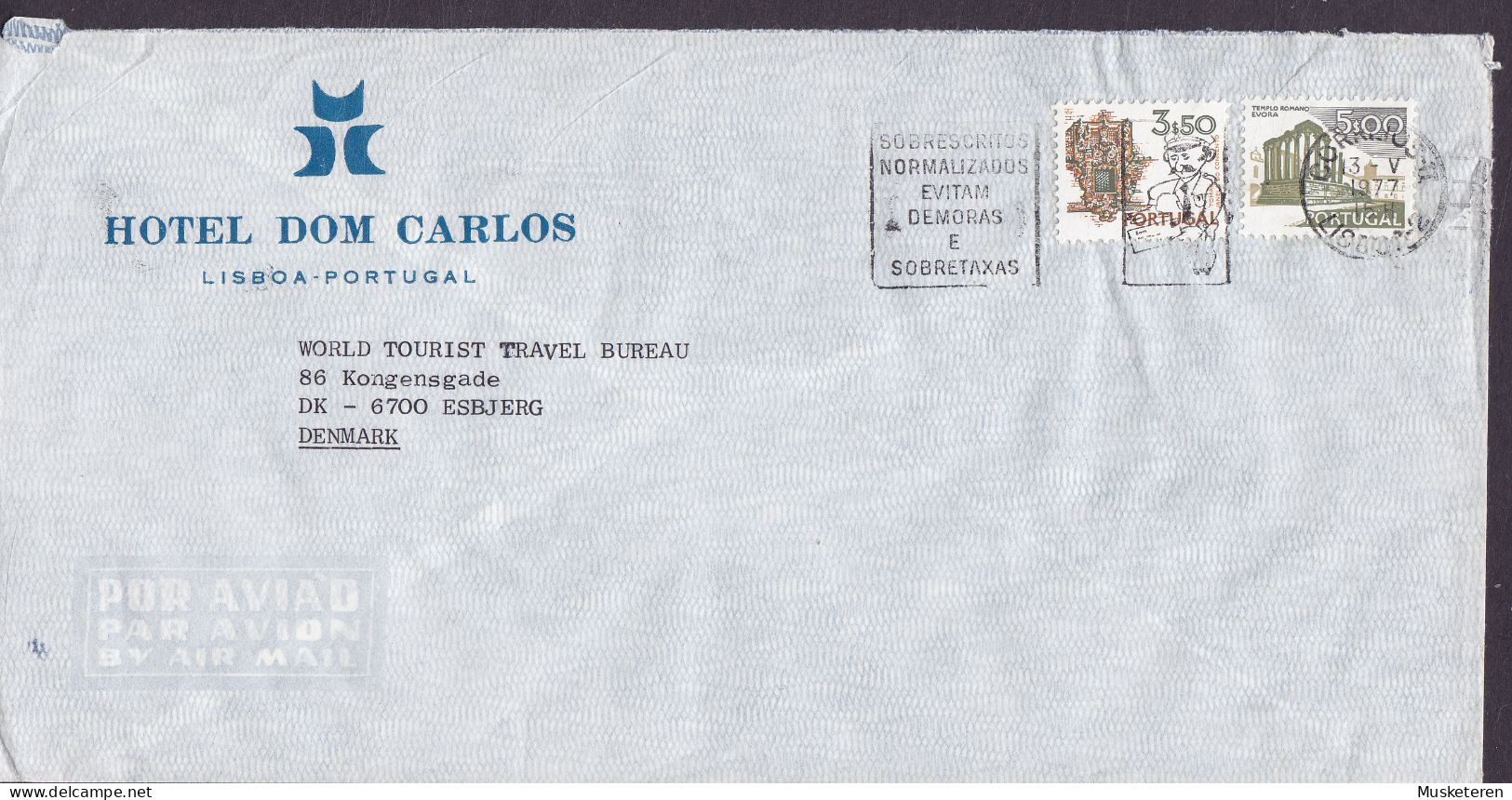 Portugal Por Aviao Air Mail HOTEL DOM CARLOS Slogan Flamme LISBOA 1977 Cover Letra ESBJERG Denmark - Briefe U. Dokumente