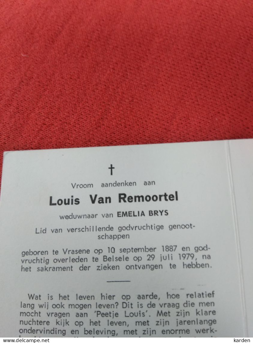 Doodsprentje Louis Van Remoortel / Vrasene 10/9/1887 Belsele 29/7/1979 ( Emelia Brys ) - Religion & Esotérisme