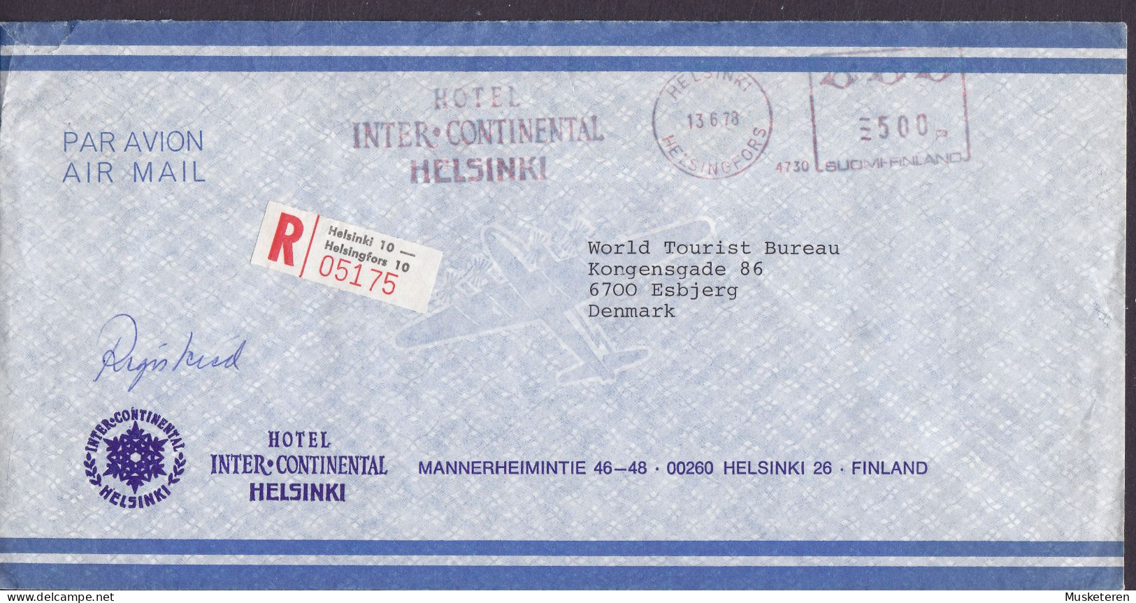 Finland Registered Label HOTEL INTER-CONTINENTAL, HELSINKI 1978 Meter Cover Brief ESBJERG Denmark - Lettres & Documents