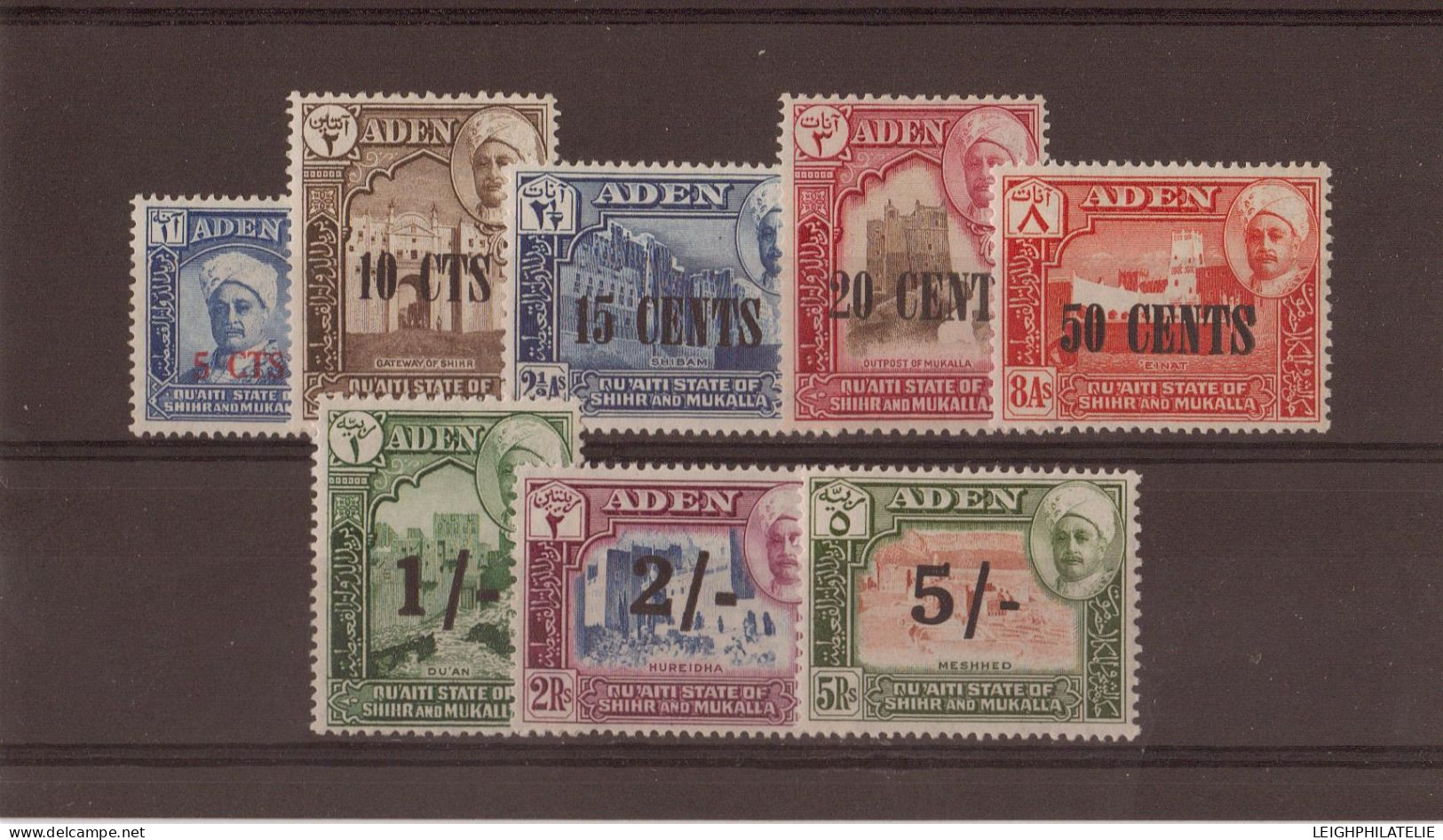 Aden : Qu'Aiti State ,  1951 Pictorials, New Currency Surcharges 5c . - 5 S.  (8) Complete (MNH) ** - Aden (1854-1963)