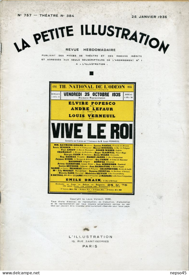 Théâtre De L'Odéon.1936.Vive Le Roi De Louis Verneuil.Elvire Popesco.André Lefleur.Raymond Girard.Louis Seigner. - Andere & Zonder Classificatie