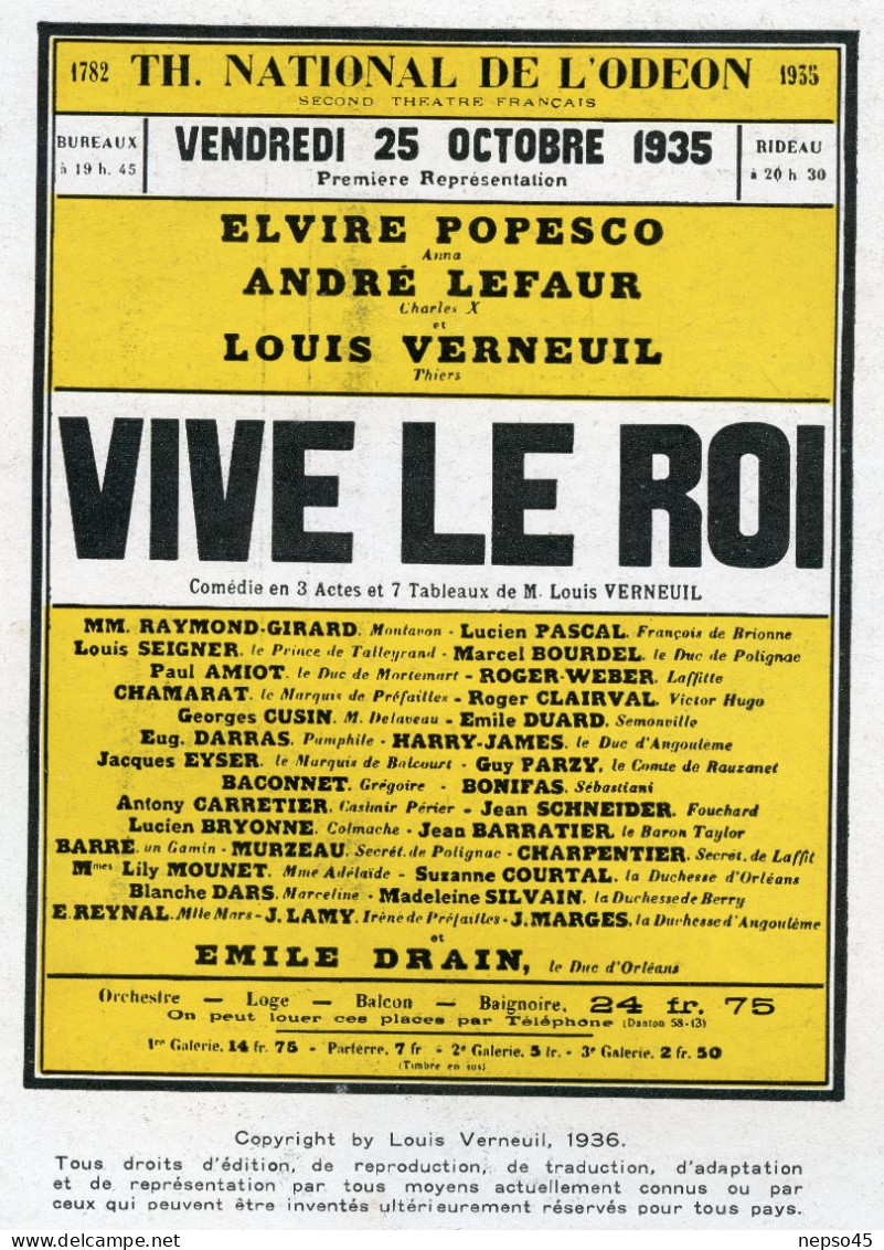 Théâtre De L'Odéon.1936.Vive Le Roi De Louis Verneuil.Elvire Popesco.André Lefleur.Raymond Girard.Louis Seigner. - Andere & Zonder Classificatie