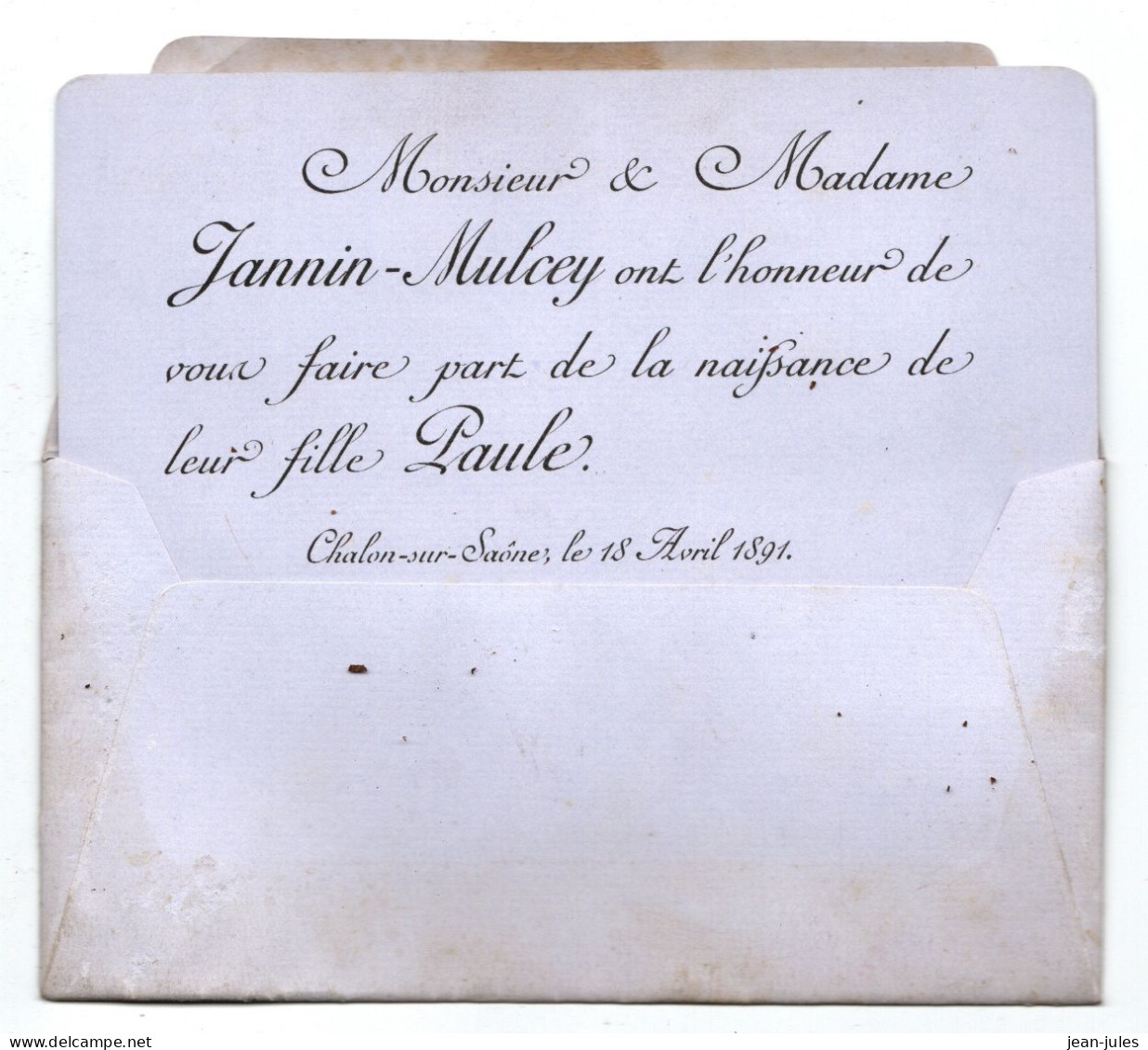 M Et Mme Jannin-Mulcey , Naissance De Leur Fille Paule à Chalon-sur-Saône 71 Saône Et Loire Le 18 Avril 1891 - Nacimiento & Bautizo