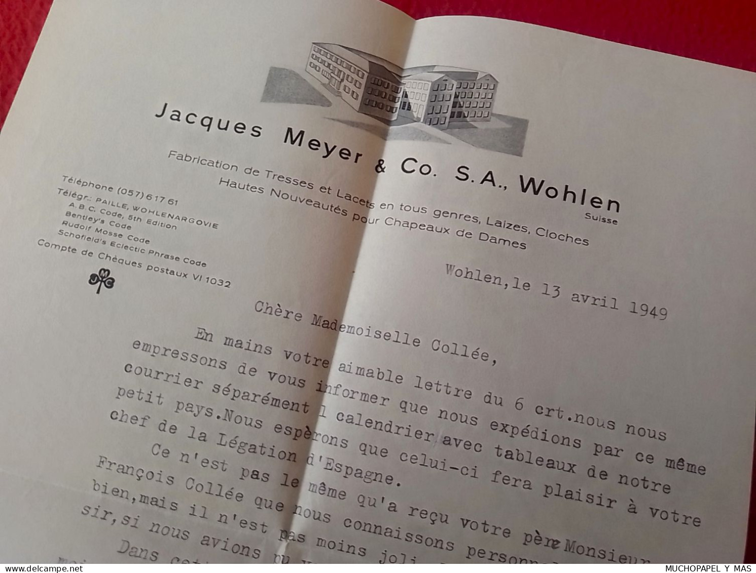 ANTIGUA CARTA COMERCIAL 1949, DOCUMENTO O SIMILAR, LETTER..JACQUES MEYER & CO. S. A., WOHLEN SUISSE TO LA HAYE HOLLAND.. - Switzerland