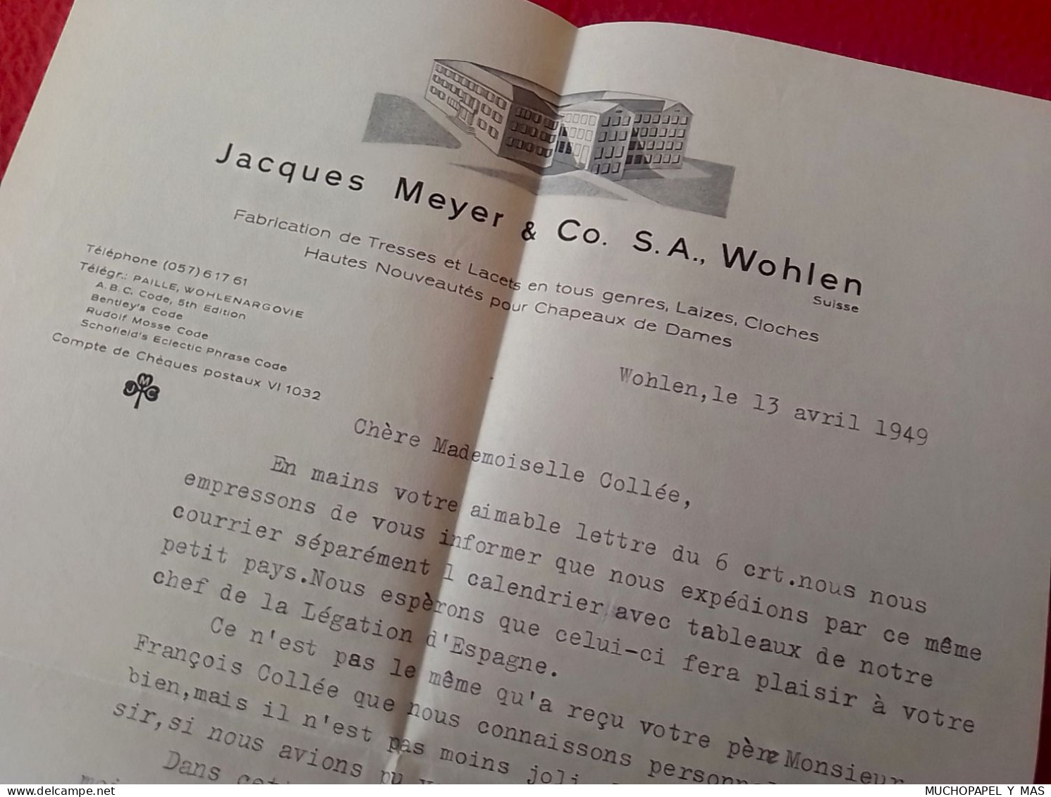 ANTIGUA CARTA COMERCIAL 1949, DOCUMENTO O SIMILAR, LETTER..JACQUES MEYER & CO. S. A., WOHLEN SUISSE TO LA HAYE HOLLAND.. - Svizzera