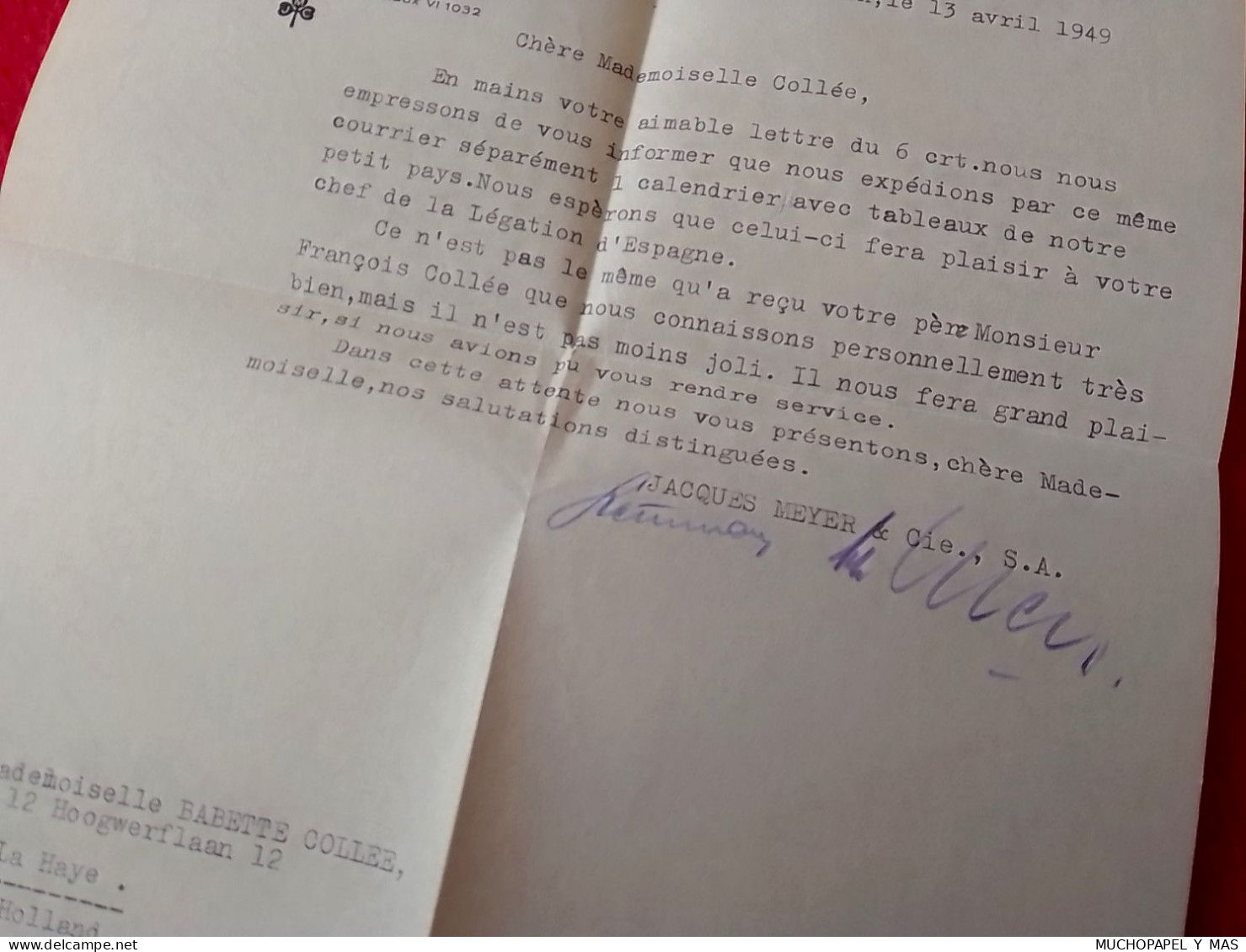 ANTIGUA CARTA COMERCIAL 1949, DOCUMENTO O SIMILAR, LETTER..JACQUES MEYER & CO. S. A., WOHLEN SUISSE TO LA HAYE HOLLAND.. - Zwitserland