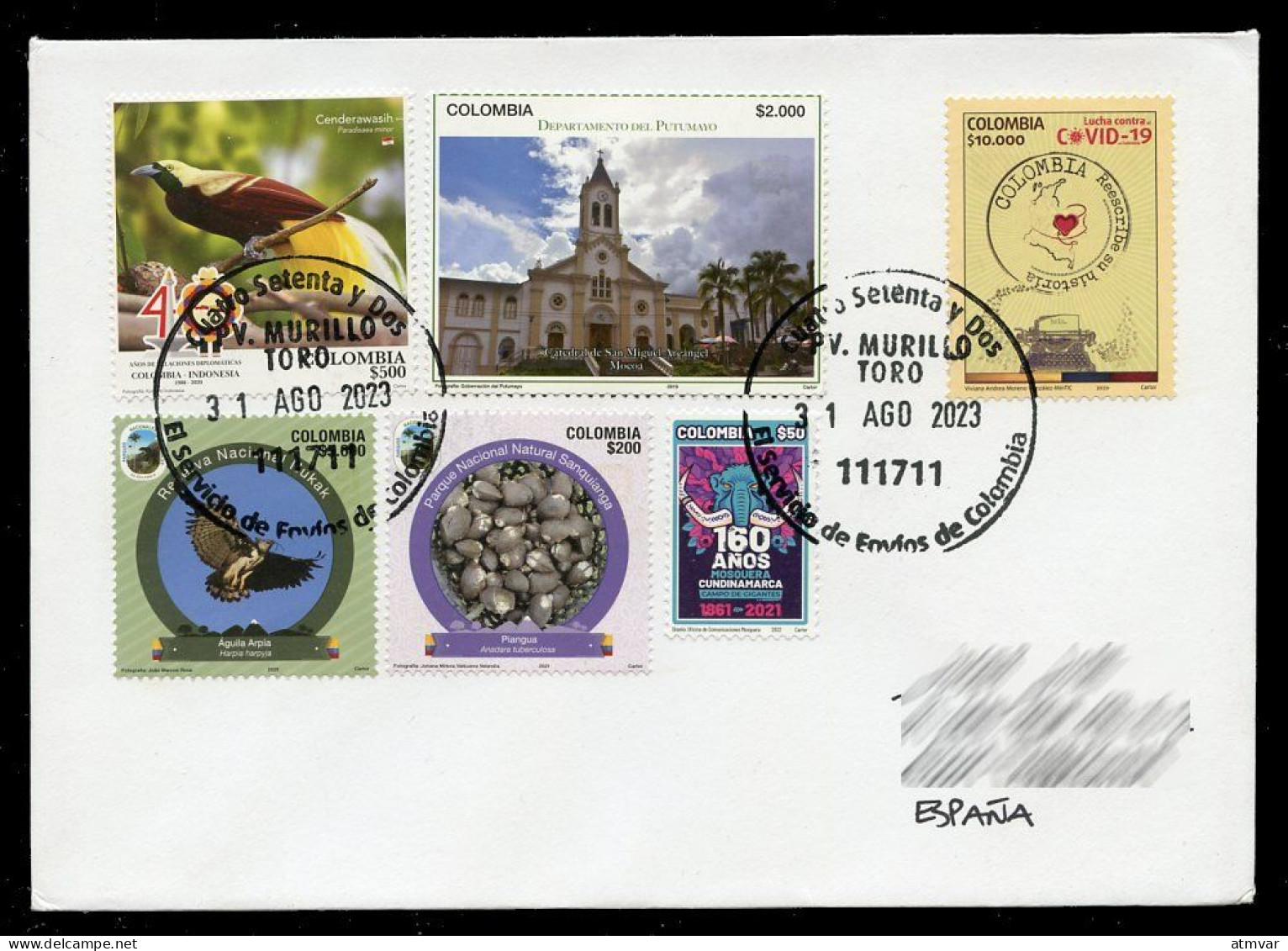COLOMBIA (2019) Lucha Contra El COVID-19, Birds, Cathedral, Indonesia + National Parks - Cover Mailed To Spain - Colombia