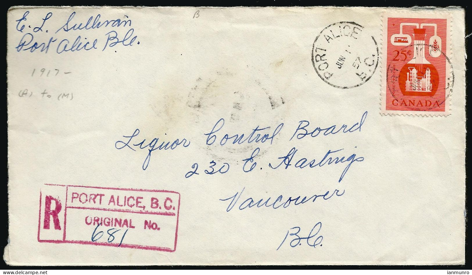 1957 Registered Cover 25c Chemical CDS Port Alice BC To Vancouver Barrel - Postgeschiedenis