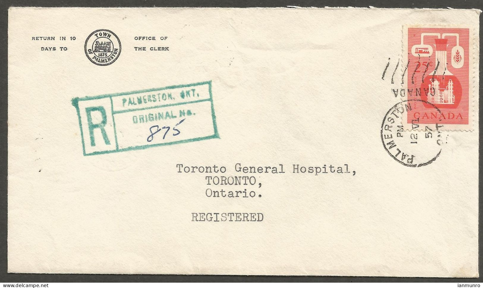 1957 Registered Corner Card Cover 25c Chemical RPO Duplex Palmerston Ontario - Histoire Postale