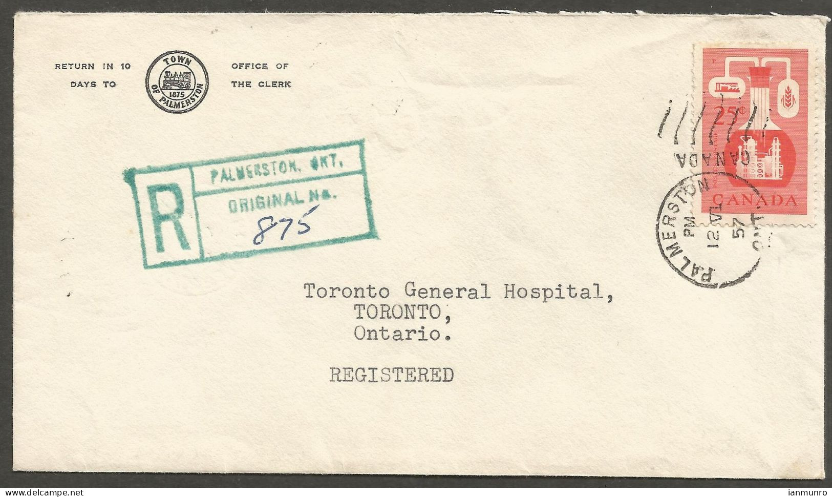 1957 Registered Corner Card Cover 25c Chemical RPO Duplex Palmerston Ontario - Historia Postale