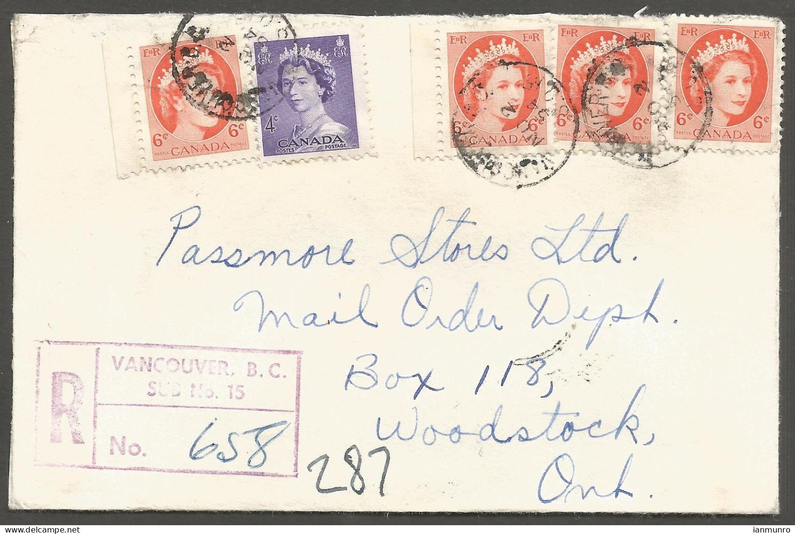 1954 Registered Cover 28c Wilding/Karsh RPO CDS Vancouver BC To Woodstock Ontario - Histoire Postale