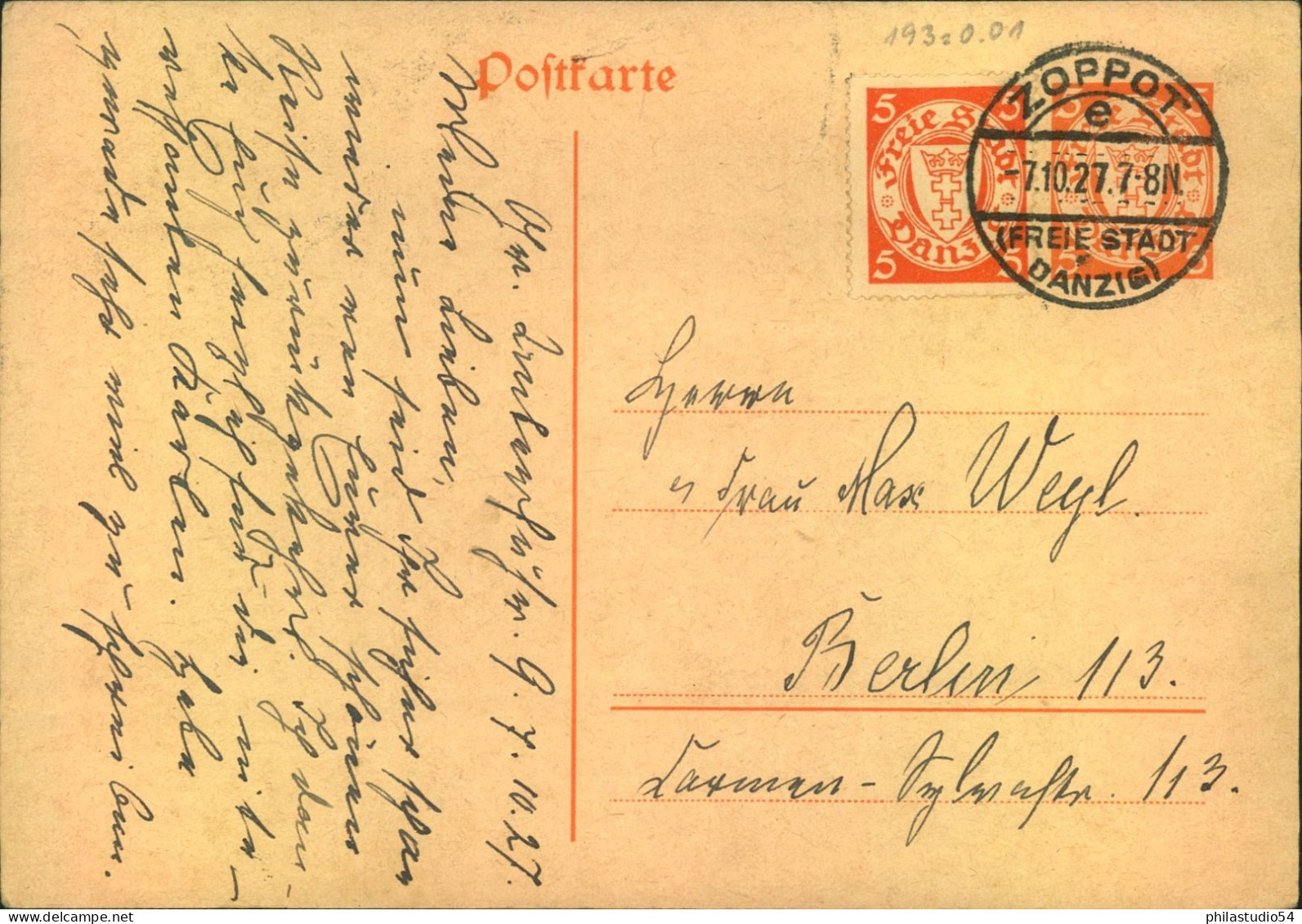 1927,  5 Groschen  GSK Mit Weiterer 5 Gr. Zusatz  Ab Zoppot. Adresslinie 10,5 Mm - Postal  Stationery