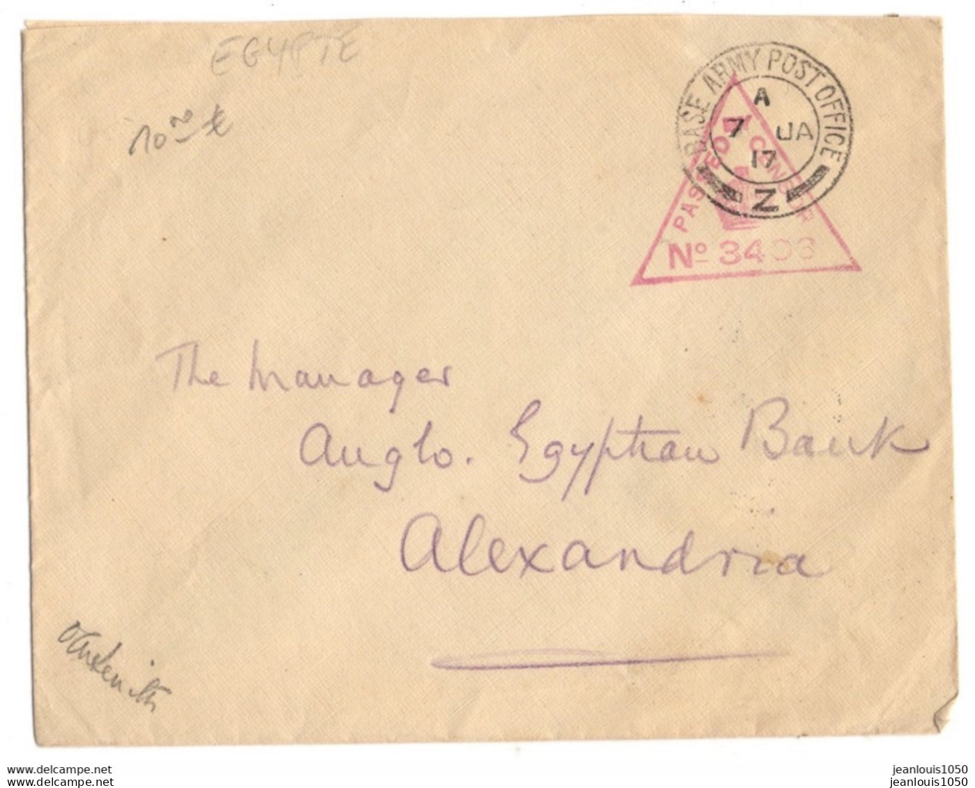 EGYPTE GRANDE BRETAGNE WWI LETTRE  OBLITERATION BASE ARMY POST OFFICE Z 1917 POUR ALEXANDRIE CENSURE - 1915-1921 Britischer Schutzstaat