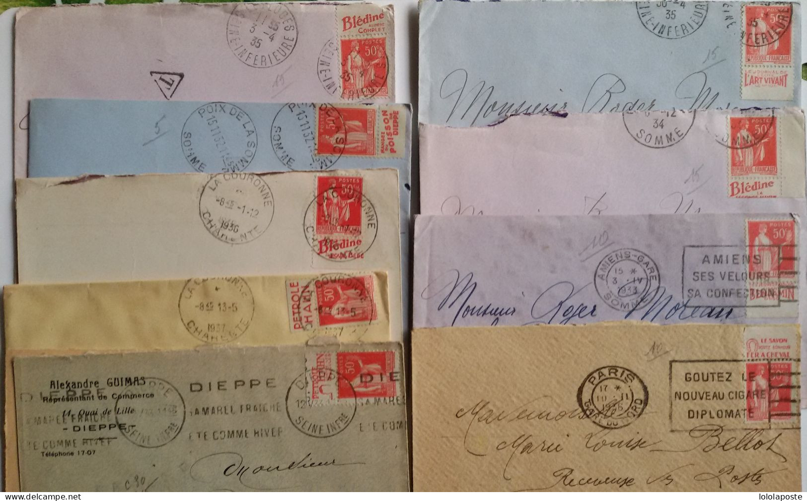 FRANCE - 9 Lettres Avec Timbres Publicitaires Différents 50c Type Paix - Covers & Documents