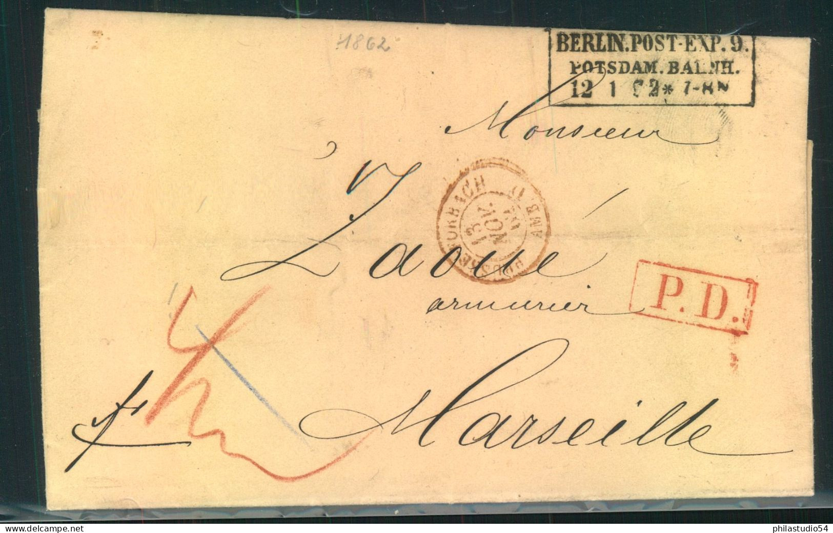 1862, "BERLIN POST-EXP. 9 - POTSDAMER BHF. Auf Faltbrief Bach Frankreich - Brieven En Documenten