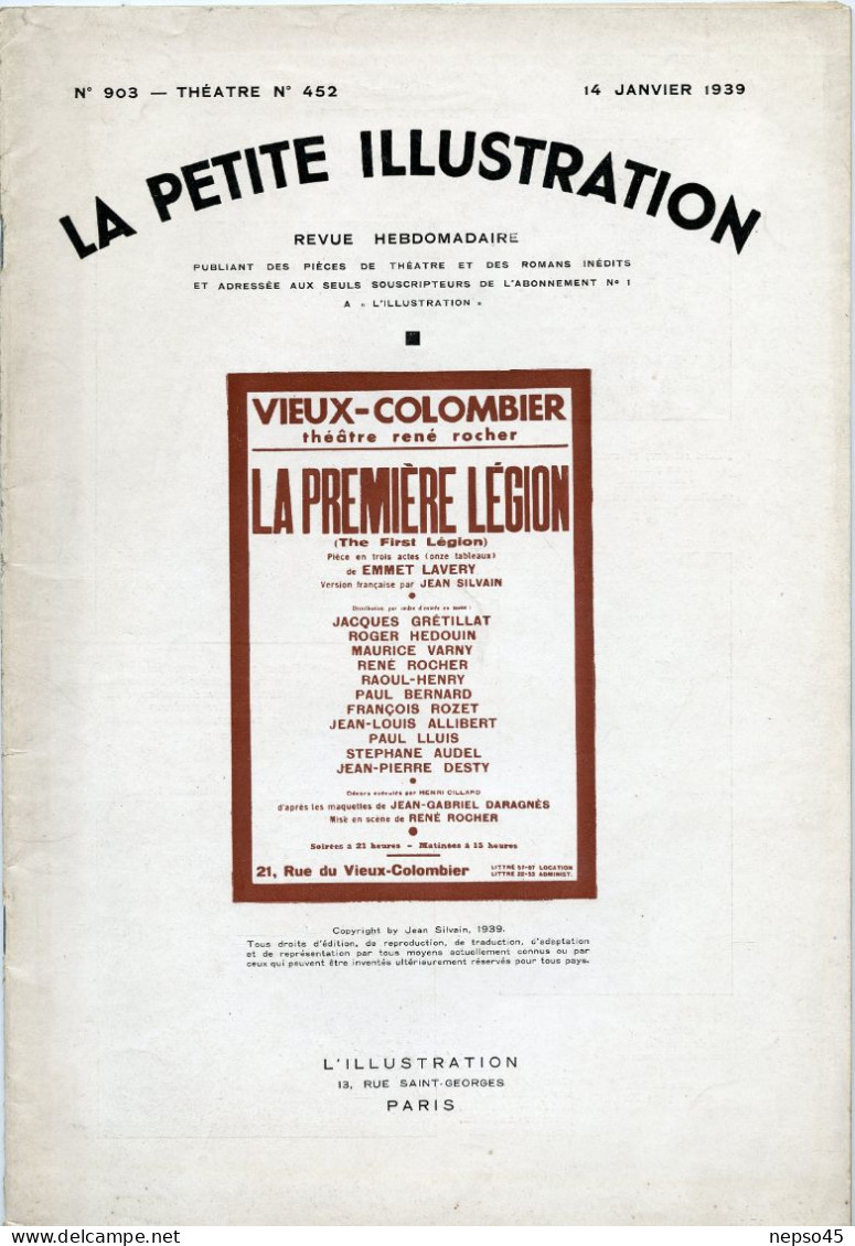 Théâtre Vieux-Colombier.1939.La Première Légion De Emmet Lavery.Jacques Grétillat.Roger Hédouin.Maurice Varny.R. Rocher. - Andere & Zonder Classificatie