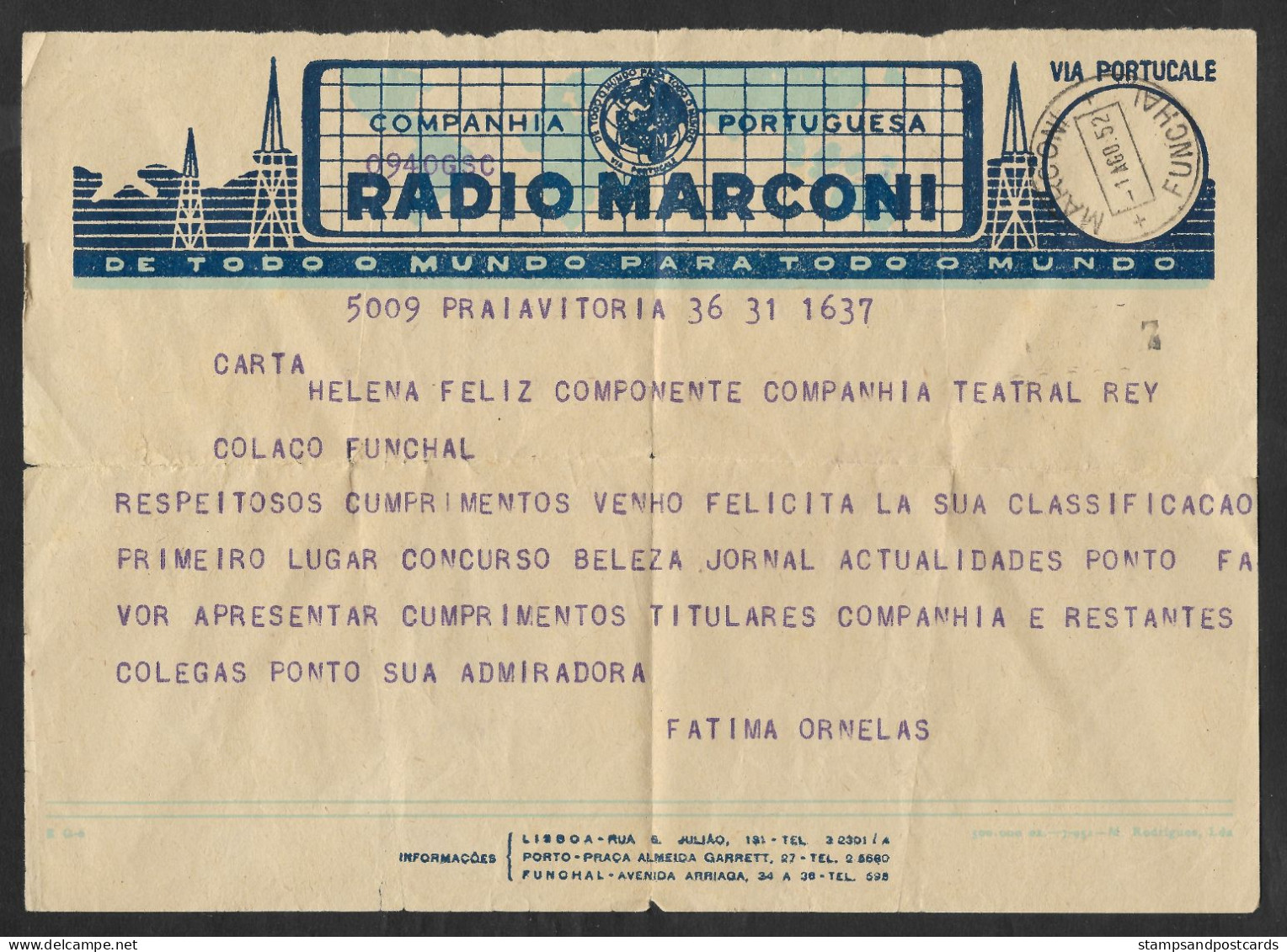 Portugal Télégramme Radio Marconi 1952 Concours Beauté Funchal Madère Madeira Telegram Beauty Peagent - Lettres & Documents