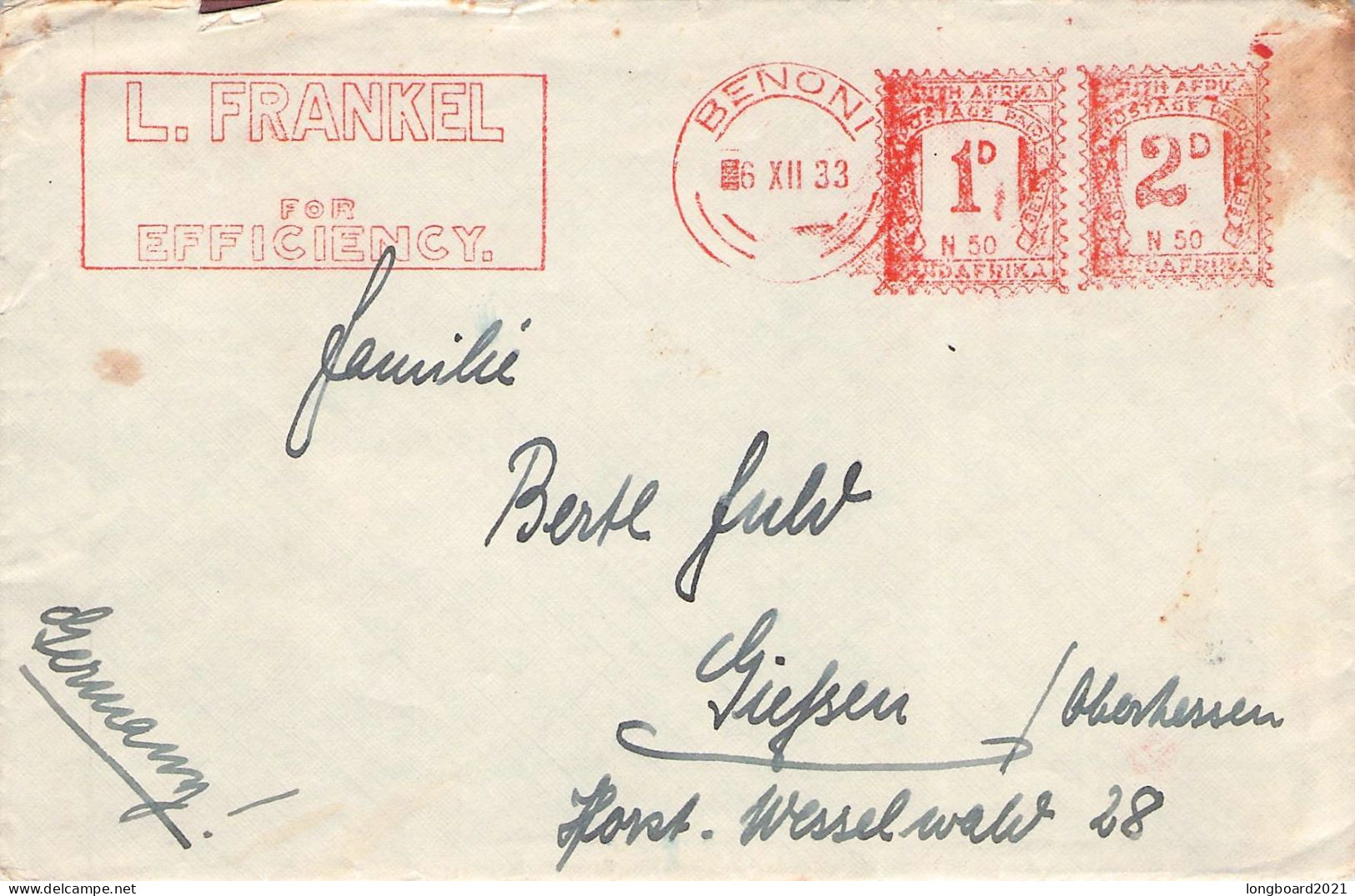 SOUTH AFRICA - MAIL 1933 BENONI - GIEßEN/DE -METER- / 6096 - Briefe U. Dokumente