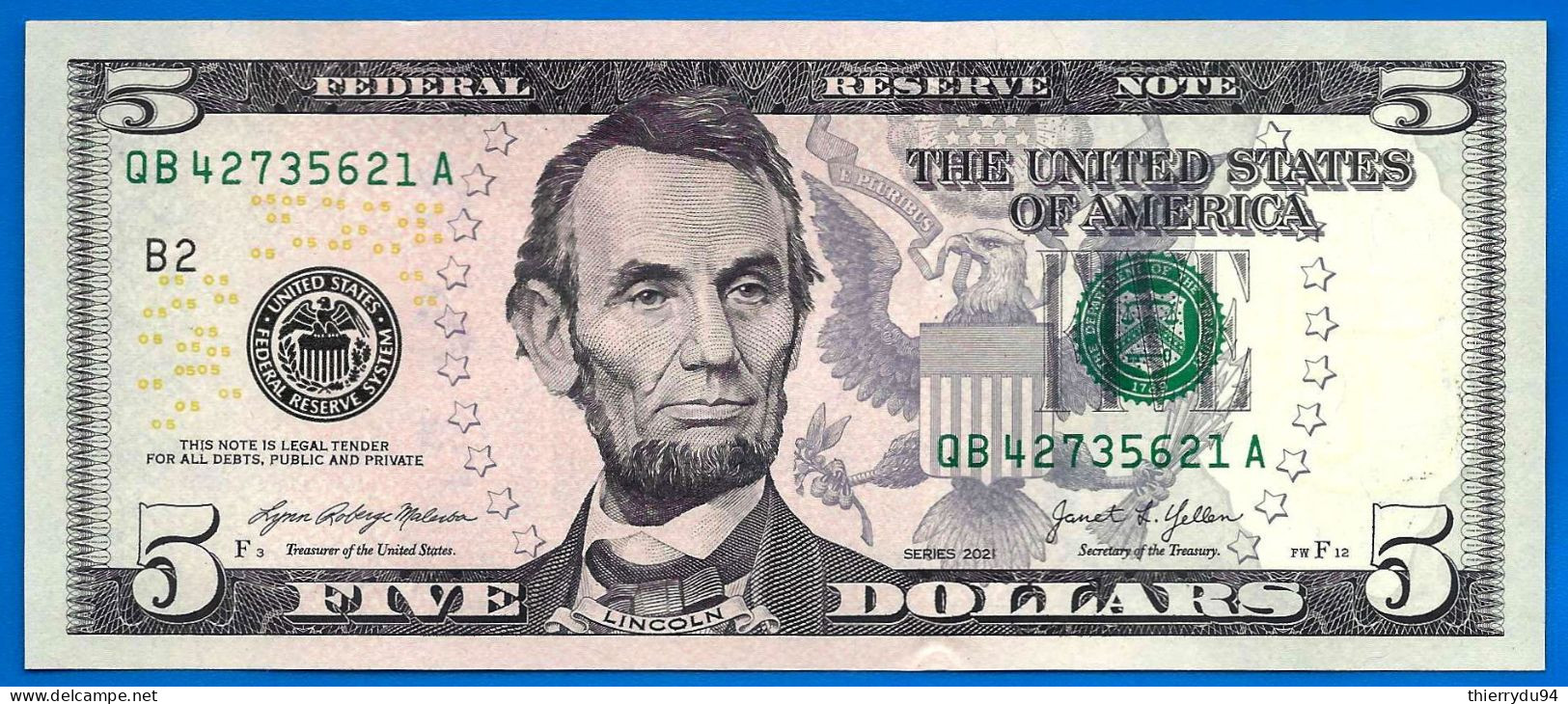 Usa 5 Dollars 2021 Neuf UNC Prefixe QB Suffixe A Mint New York B2 Billet Etats Unis United States Dollar US - Federal Reserve (1928-...)