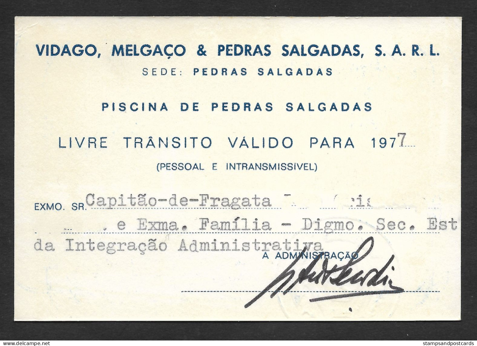 Portugal Carte ID Entrée 1977 Secretaire D'Etat Piscine Pedras Salgadas SPA Vidago Melgaço Entry Card Secretary Of State - Biglietti D'ingresso