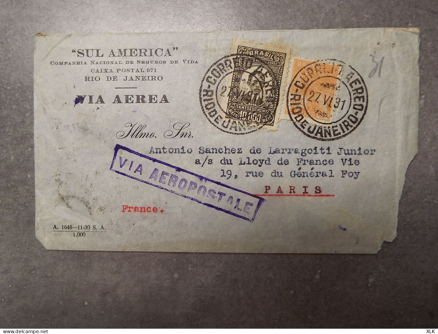Brésil - Marcophilie - De Rio De Janeiro à Paris - 27 Juin 1931 - Luchtpost