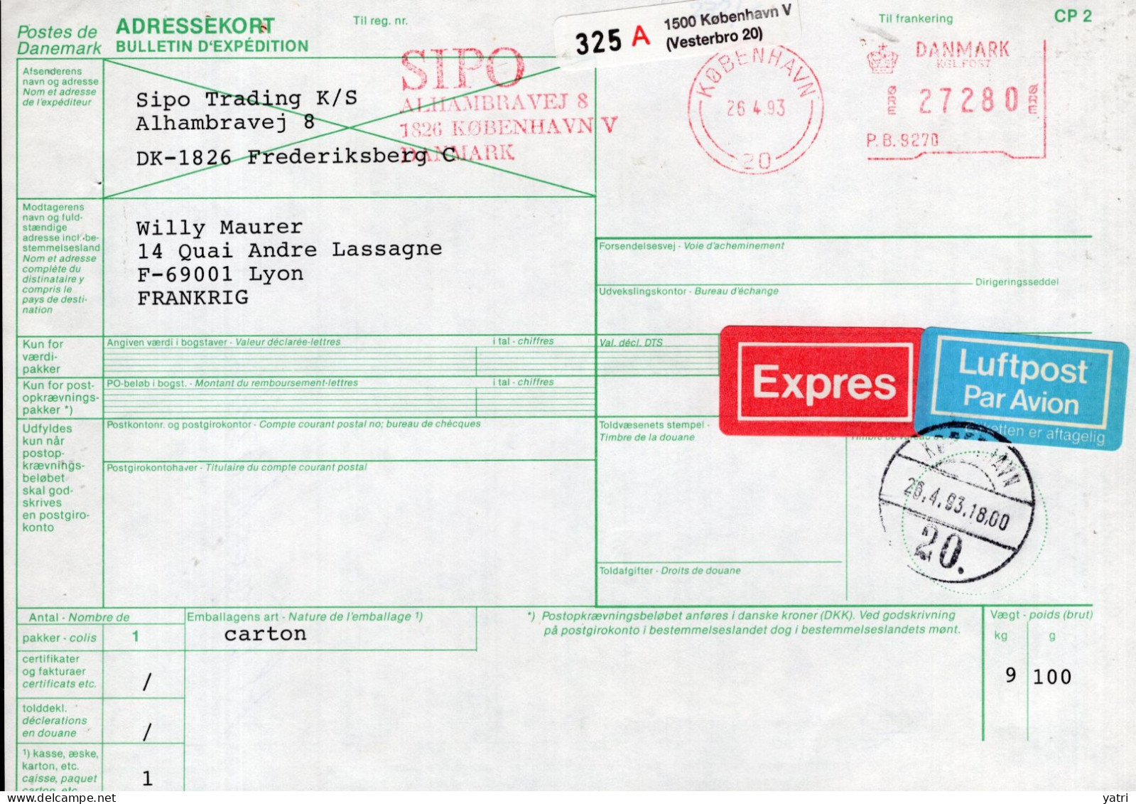 Danimarca (1993) - Bollettino Pacchi Via Aerea Per La Francia - Paketmarken