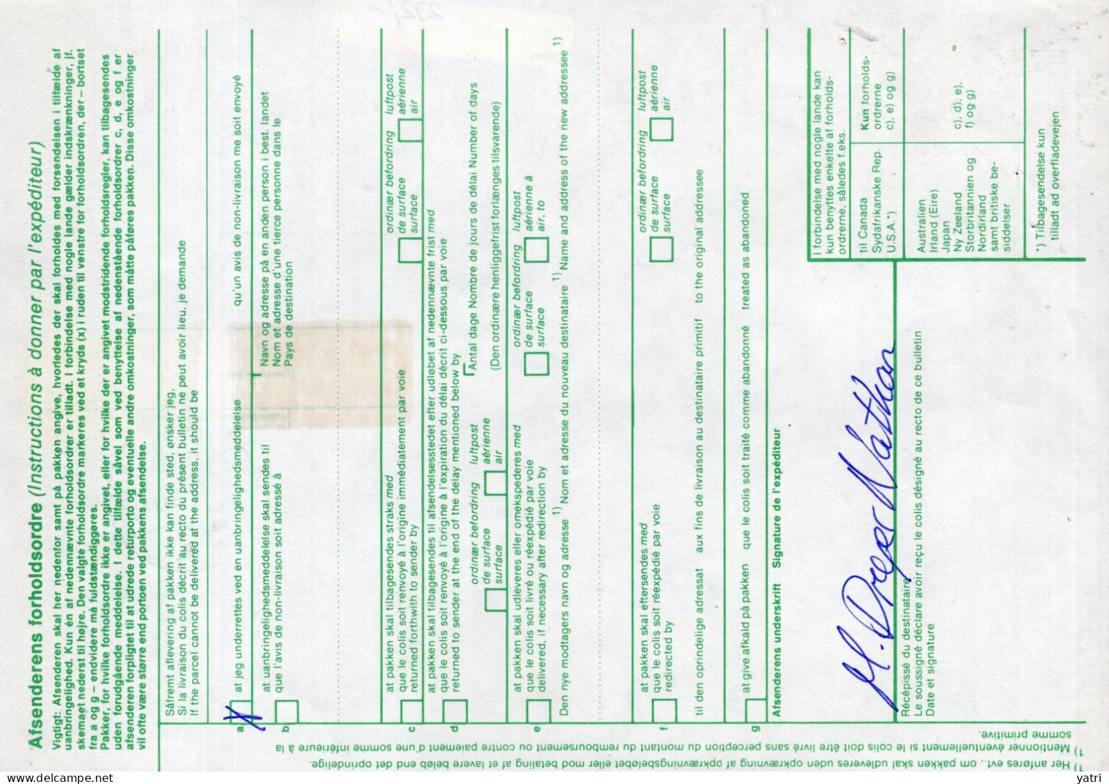 Danimarca (1993) - Bollettino Pacchi Via Aerea Per La Francia - Paquetes Postales