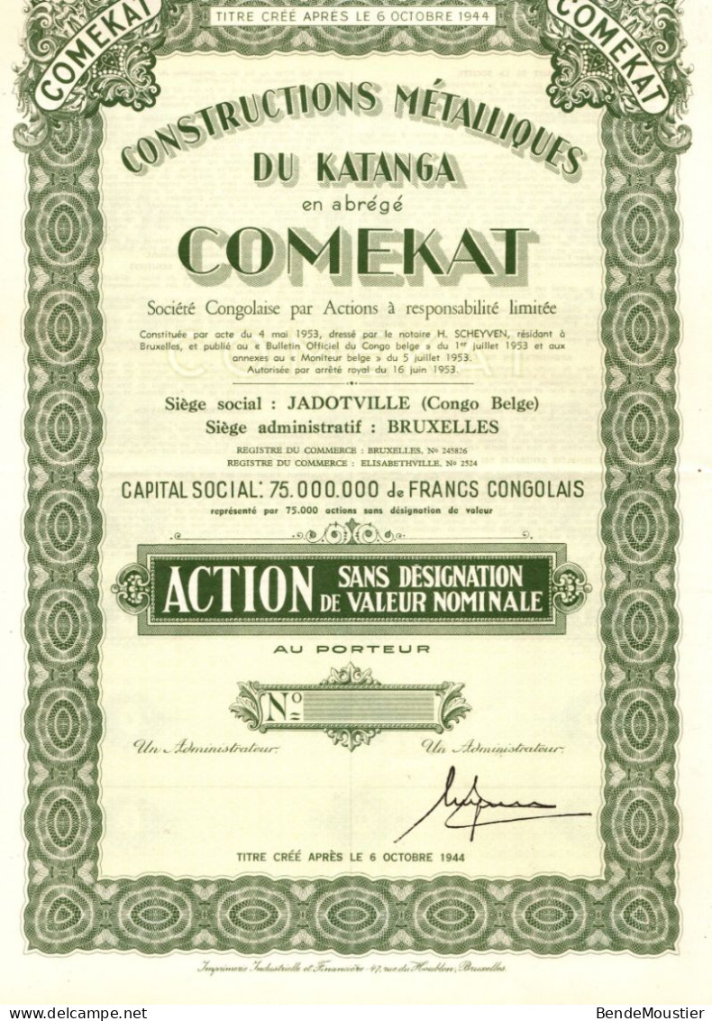 Constructions Métalliques Du Katanga " Comekat" - Action Sans Désignation De Valeur Nominale - Jadotville - Congo Belge - Afrique