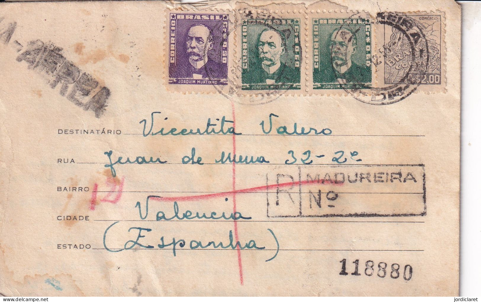 CARTA 1955  REGISTERED   MADUREIRA  A VALENCIA - Storia Postale