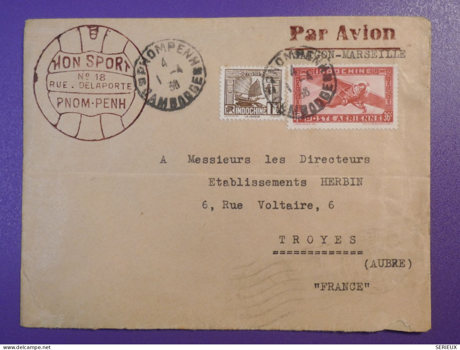 DJ 1 INDOCHINE BELLE  LETTRE  PRIVEE  1938 PAR AVION PHNOM PENH A TROYES FRANCE   VIA SAIGON  ++AFF. INTERESSANT++ + - Covers & Documents
