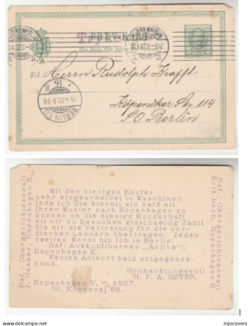 1907 High COURT ATTORNEY Denmark To Berlin Germany  POSTAL STATIONERY CARD Cover Stamps Re Trade Representation - Lettres & Documents