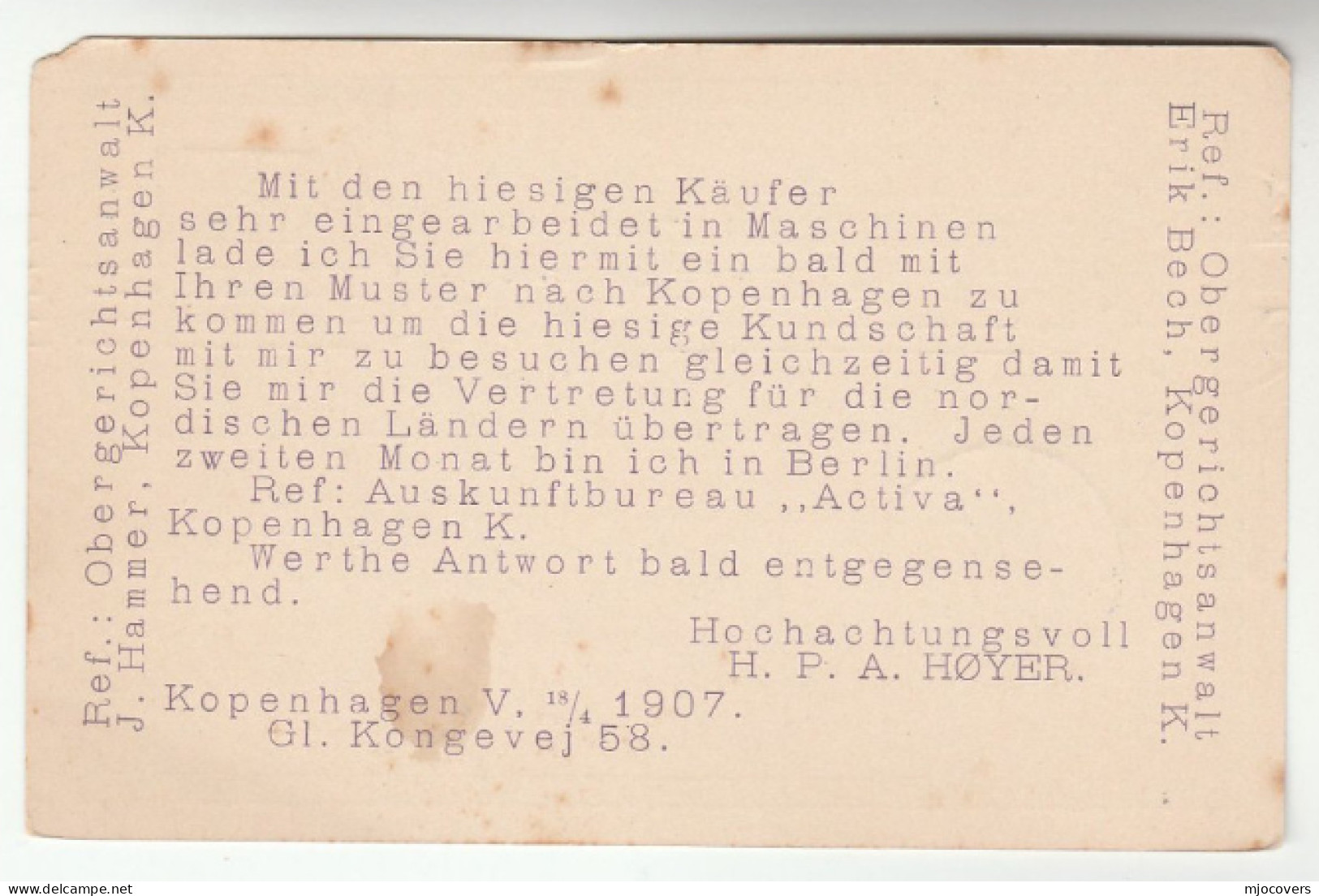 1907 High COURT ATTORNEY Denmark To Berlin Germany  POSTAL STATIONERY CARD Cover Stamps Re Trade Representation - Covers & Documents