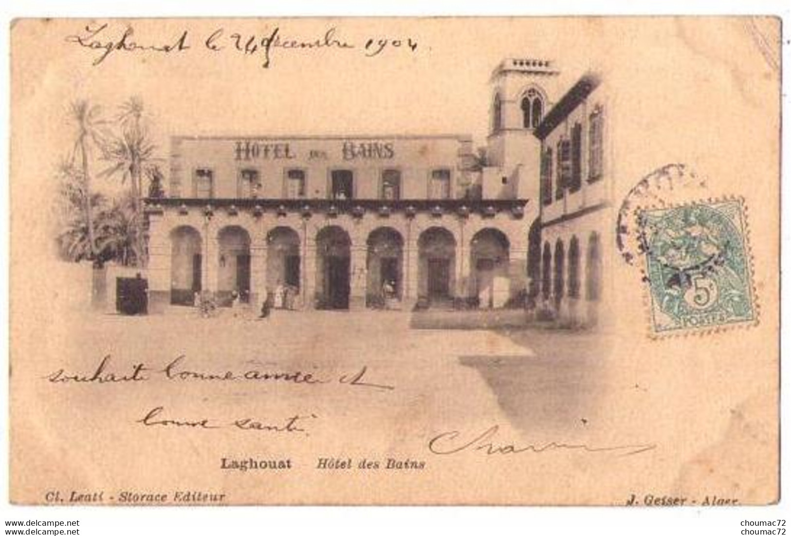 (Algérie) 195, Laghouat, Geiser, Hotel Des Bains, Dos Non Divisé - Laghouat