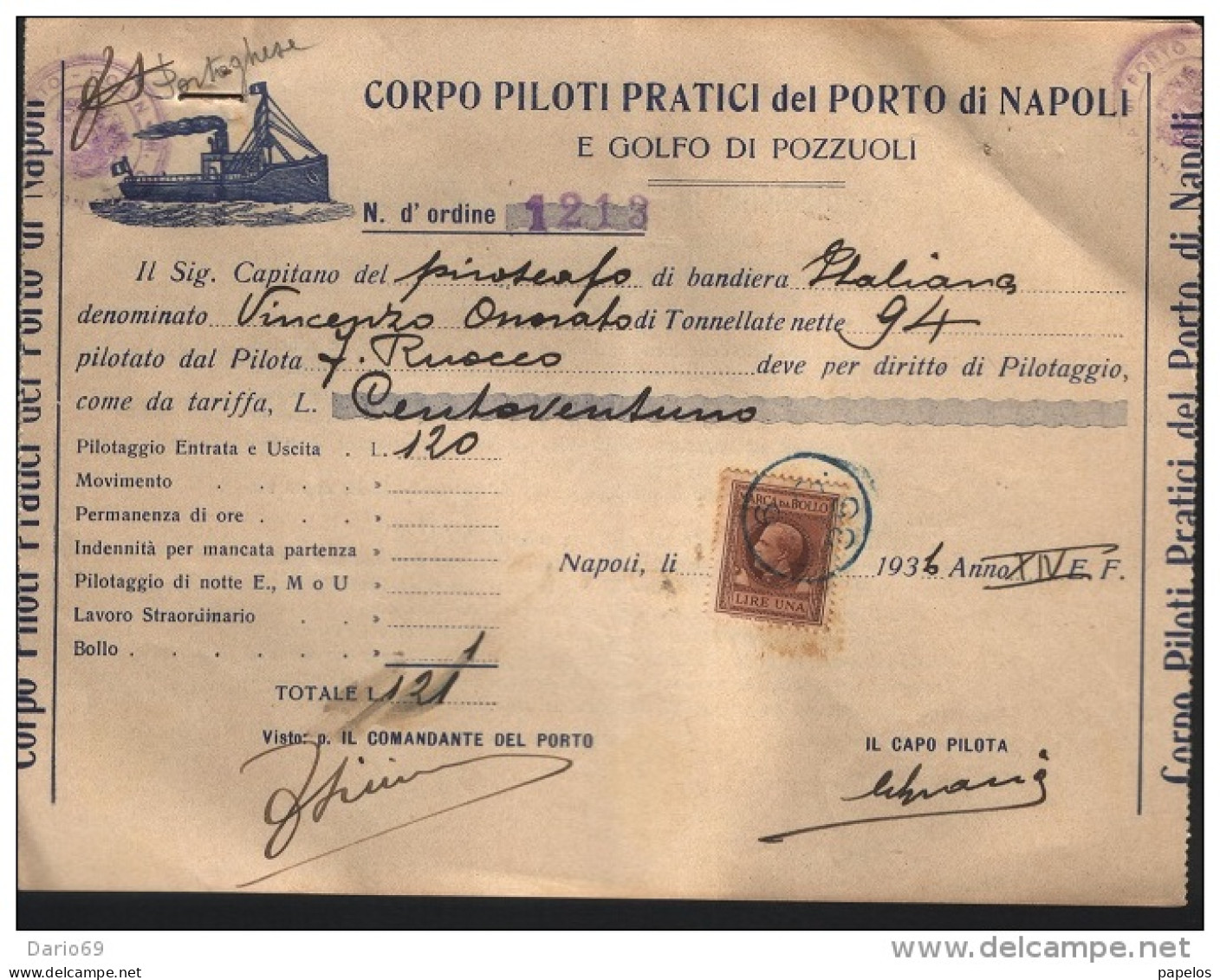 1936 FATTURA CORPO PILOTI PRATICI DEL PORTO DI NAPOLI - Sonstige & Ohne Zuordnung