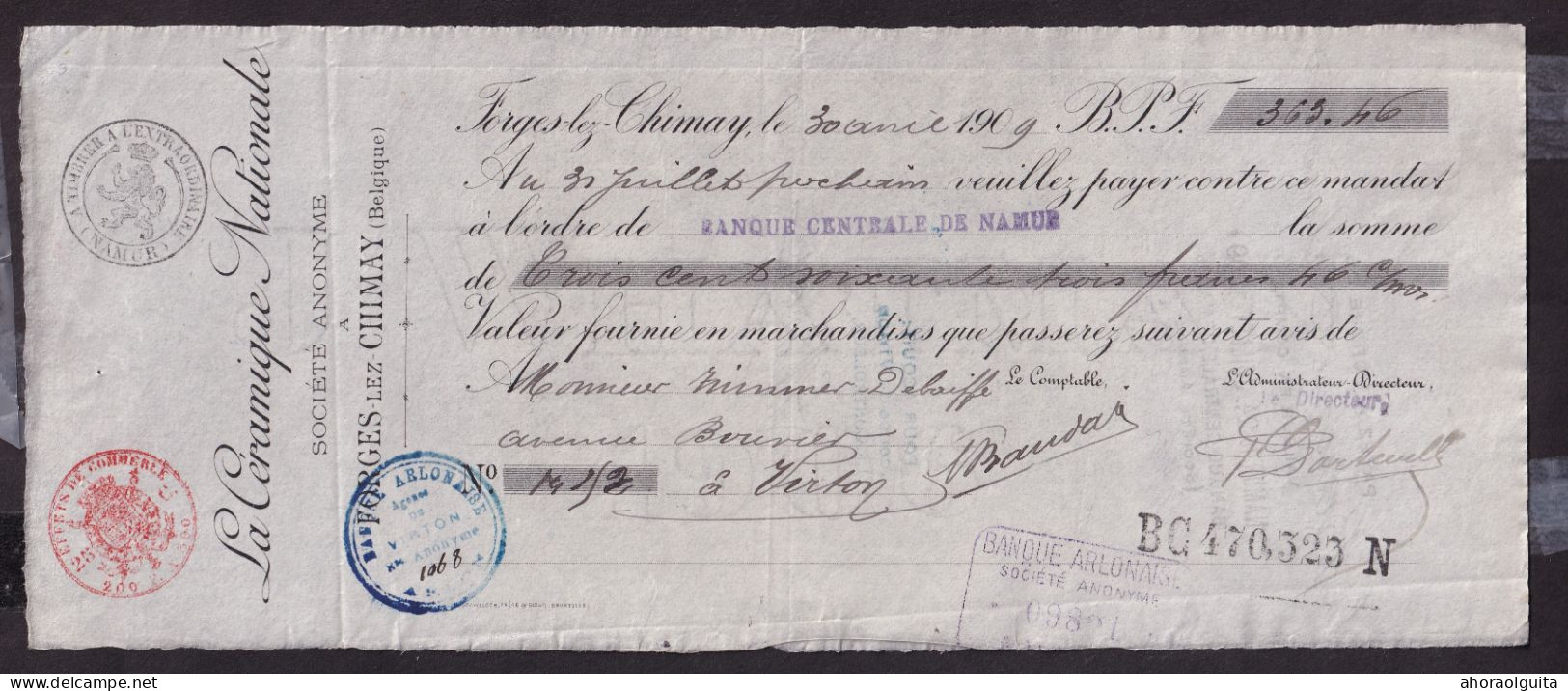 DDFF 700 -- Mandat Avec Sceaux Fiscaux FORGES Lez CHIMAY 1909 Vers VIRTON - Entete La Céramique Nationale S.A. - Documents