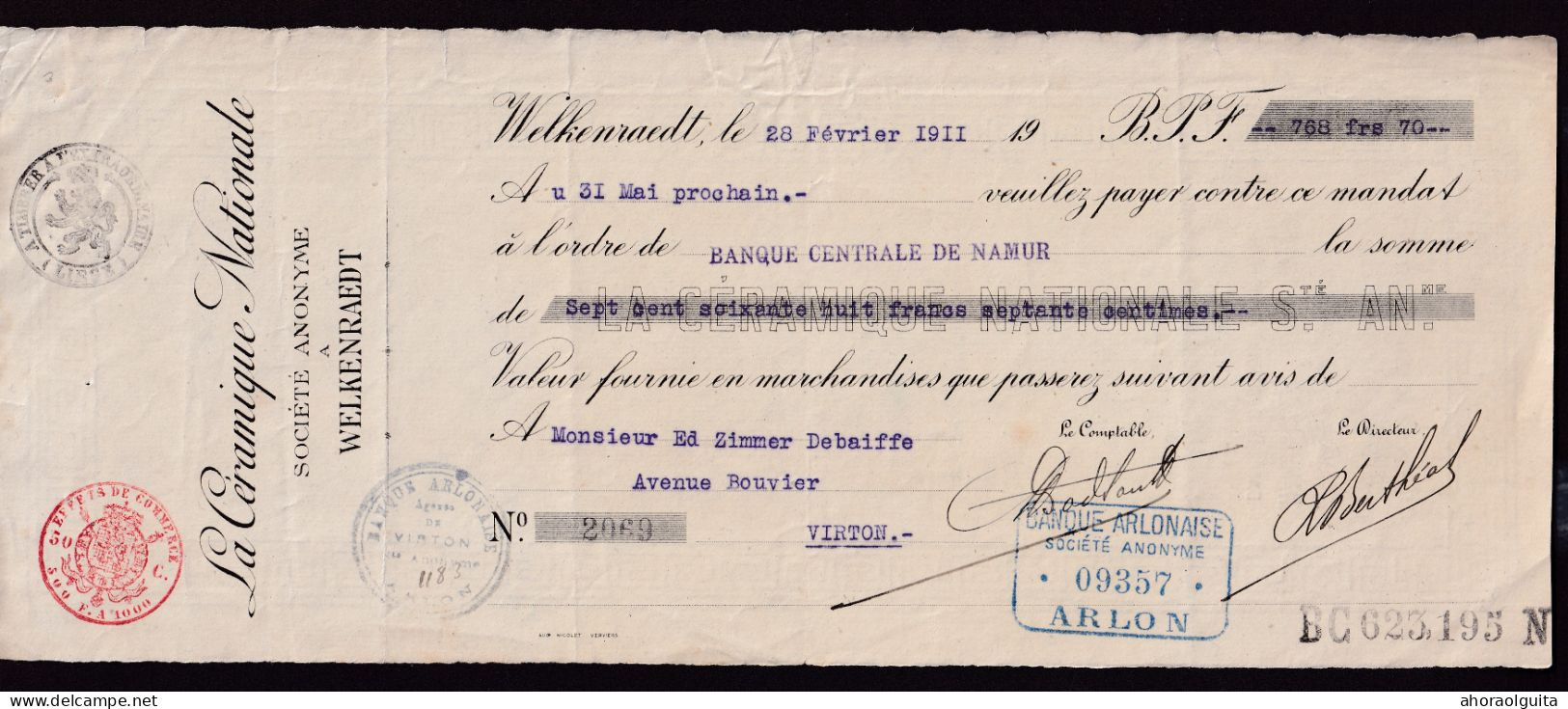 DDFF 701 -- Mandat Avec Sceaux Fiscaux WELKENRAEDT 1911 Vers VIRTON - Entete La Céramique Nationale S.A. - Dokumente