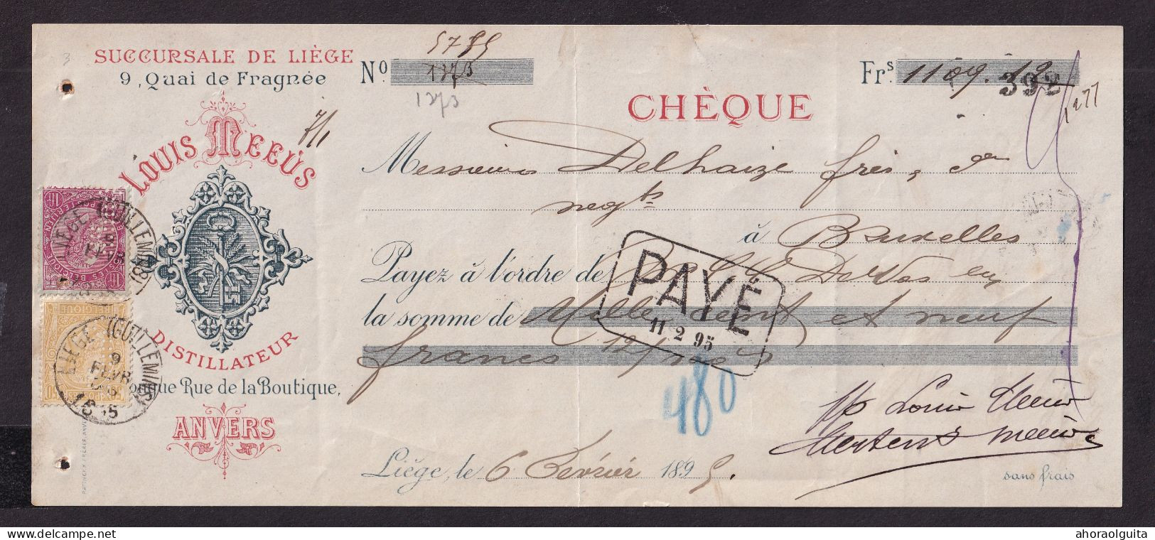 DDFF 702 -- Chèque TP 50c 1884 Et 1 F Fine Barbe (MIXTE - PERFORES CLE) LIEGE 1895 - Entete Louis Meeus , Distillateur - Vinos Y Alcoholes