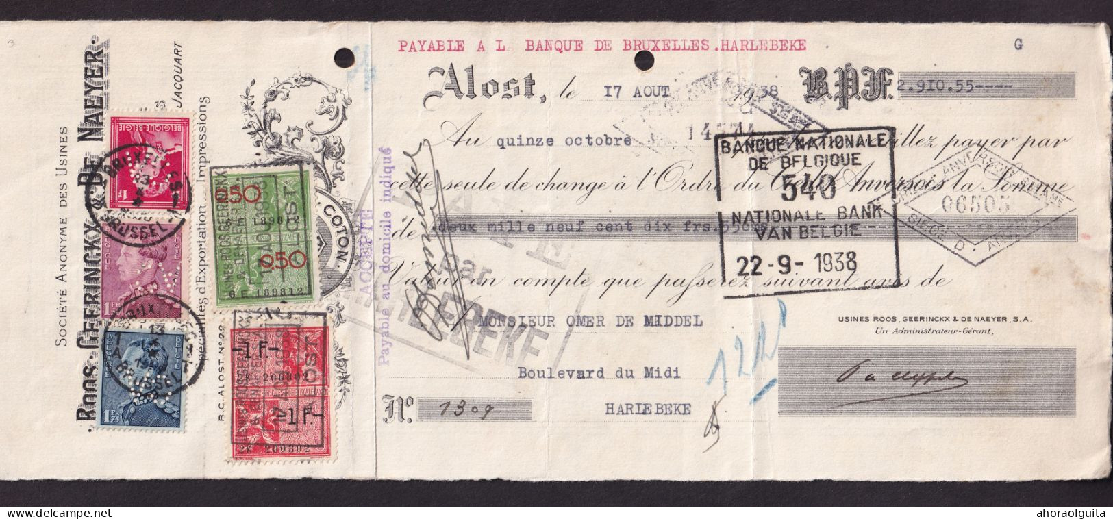 DDFF 703 -- Lettre De Change TP Poortman (PERFORES C.A.) BXL 1938 - Entete Usines Roos-Geerinckx § De Naeyer à ALOST - 1934-51