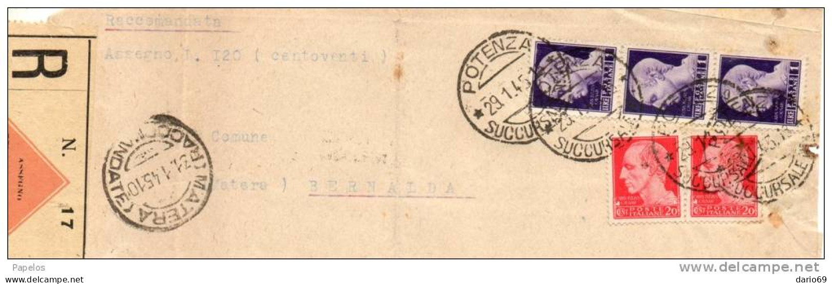 1945  LETTERA RACC.  CON ANNULLO MATERA  + ANNULLO POTENZA - Marcophilie