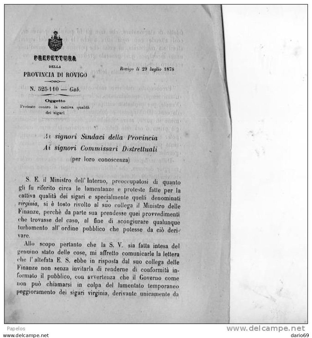 1878 ROVIGO PROTESTE CONTRO LA CATTIVA QUALITA' DEI SIGARI - Decrees & Laws