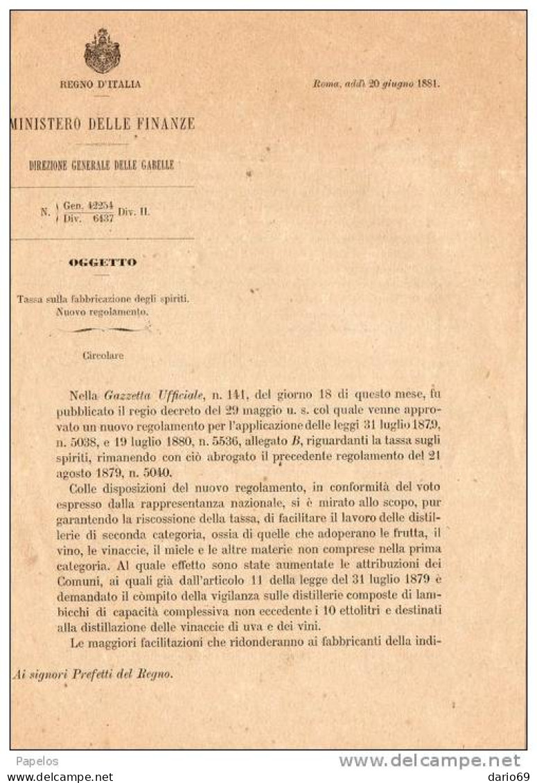 1881 TASSA SULLA  FABBRICAZIONE DEI LIQUORI  NUOVO REGOLAMENTO - Decrees & Laws