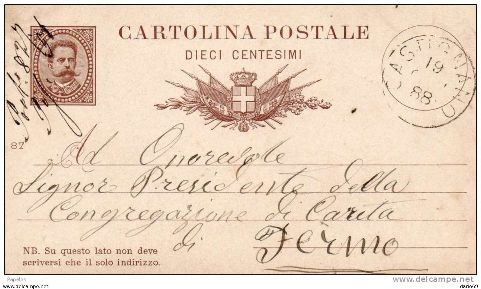 STORIA POSTALE 1888  CARTOLINA  CON ANNULLO CASTIGNANO ASCOLI PICENO - Entiers Postaux