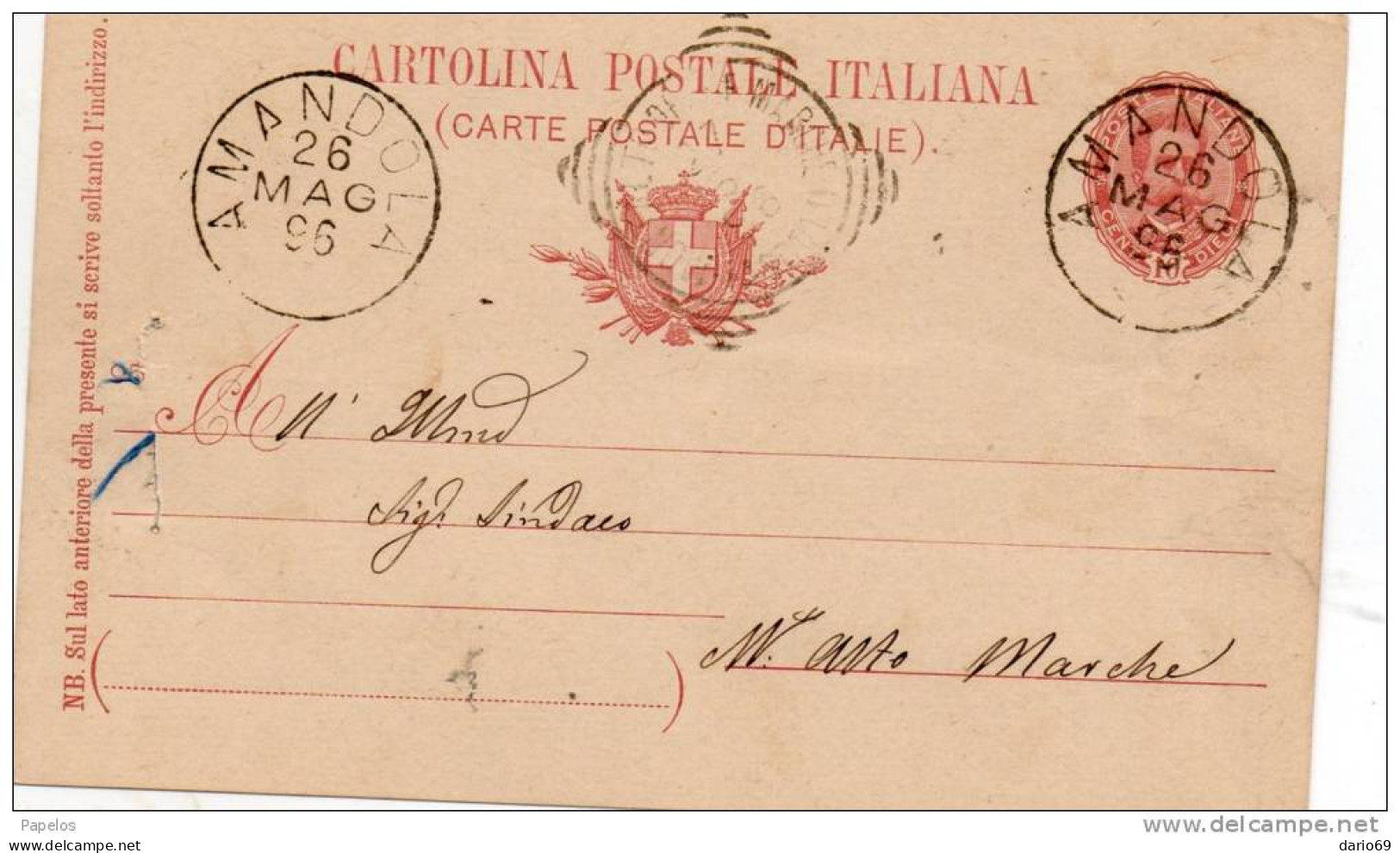 1896 Cartolina  Con Annullo Amandola Ascoli + Marca Da Bollo - Entiers Postaux