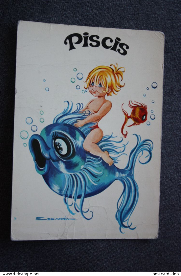 SPAIN - Zodiac - PISCIS - OLD Postcard - 1970s - Boy Riding Fish - Astrologie