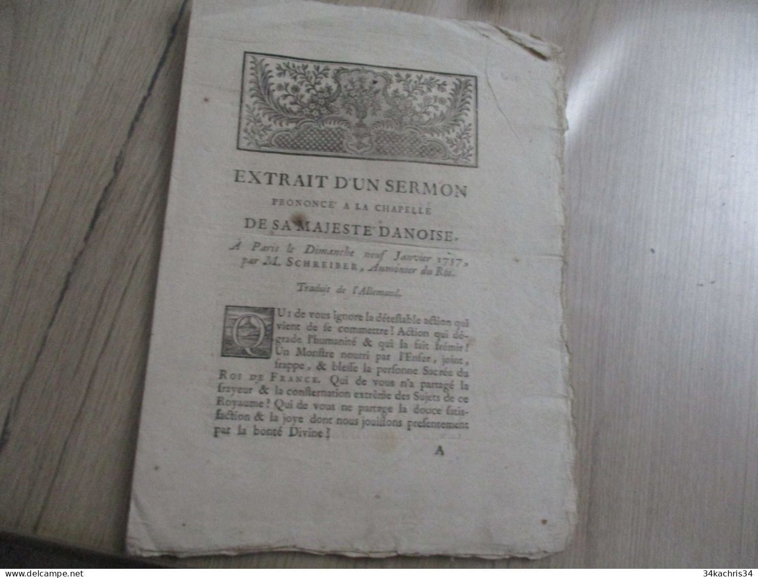 L11 Protestantisme Extrait D'un Sermon Prononcé à La Chapelle De Sa Majesté Danoise 9/1/1757 Par SHREIBER - Decretos & Leyes