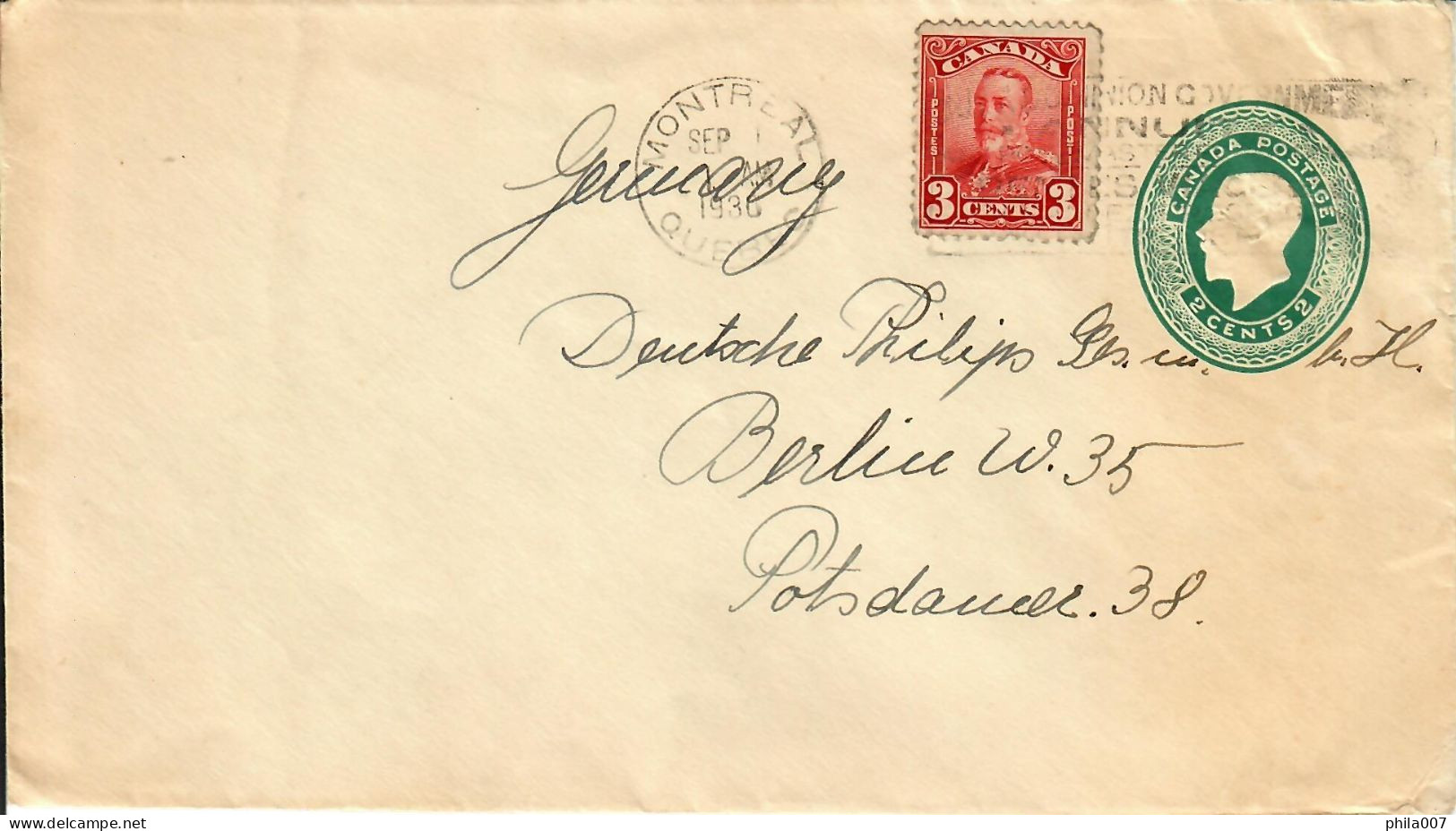 Canada To Germany / Postal Stationary Entier Postal +timbre 1930 - 1903-1954 De Koningen