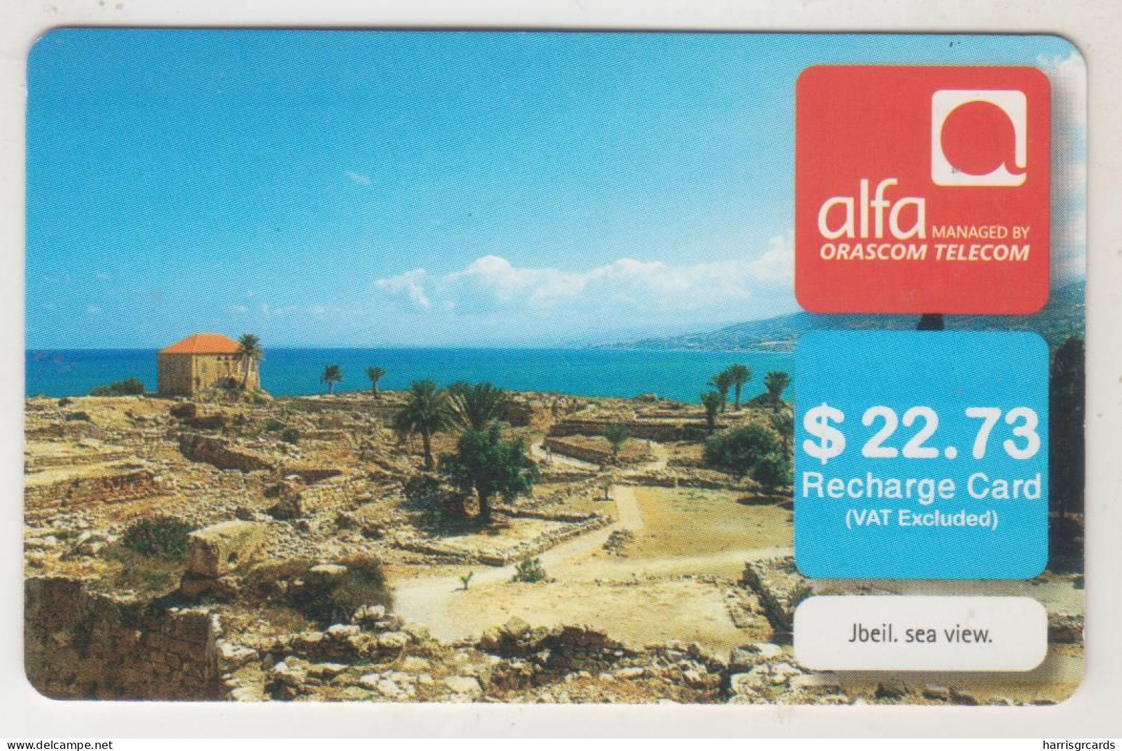 LEBANON - Jbeil Sea View , Alfa Recharge Card 22.73$, Exp.date 20/02/14, Used - Liban