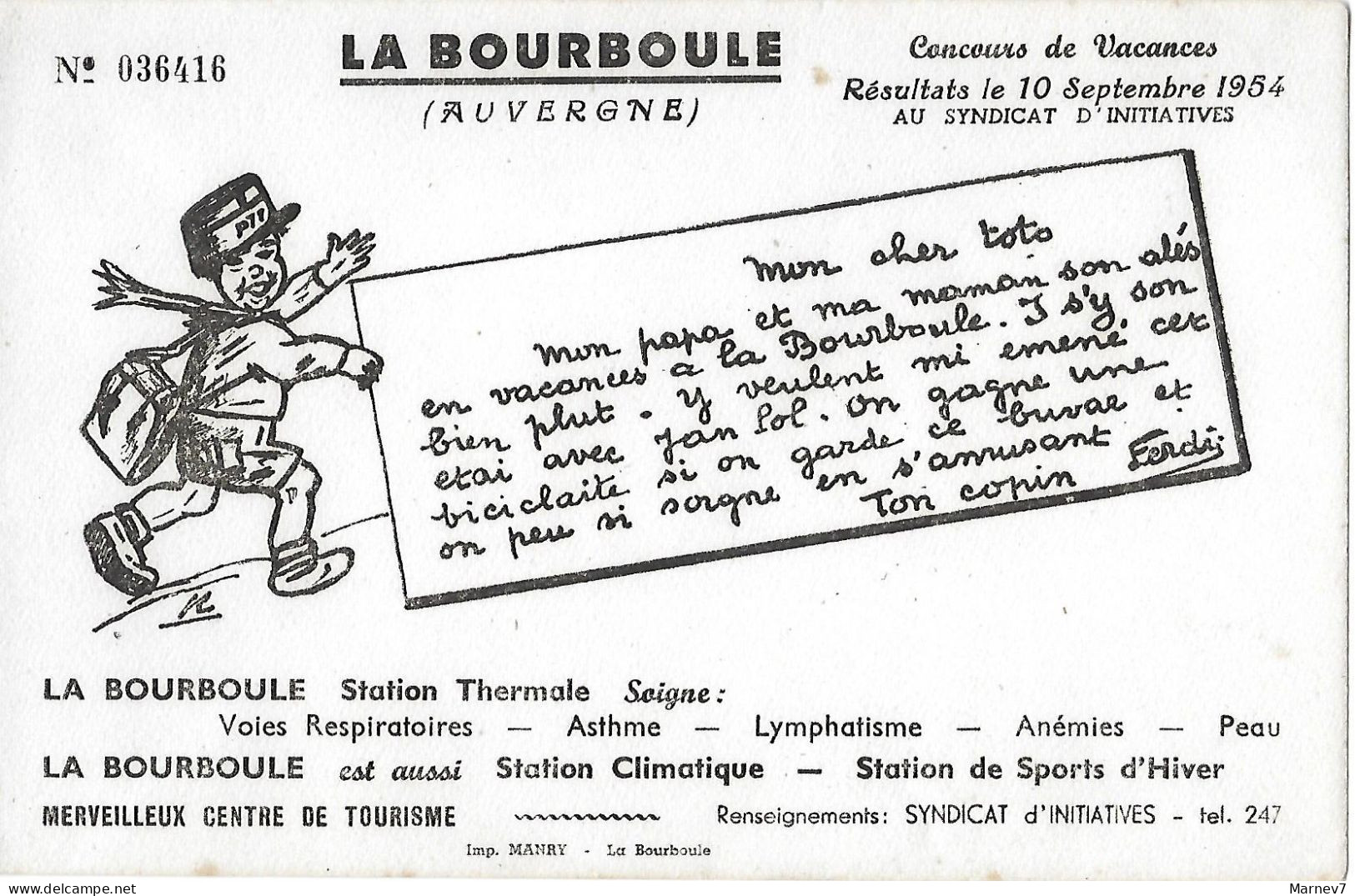 Poste - Buvard (numéroté) La BOURBOULE - Facteur Vacances 10 Septembre 1954 - Thermalisme Thermal  Asthme Peau - - P